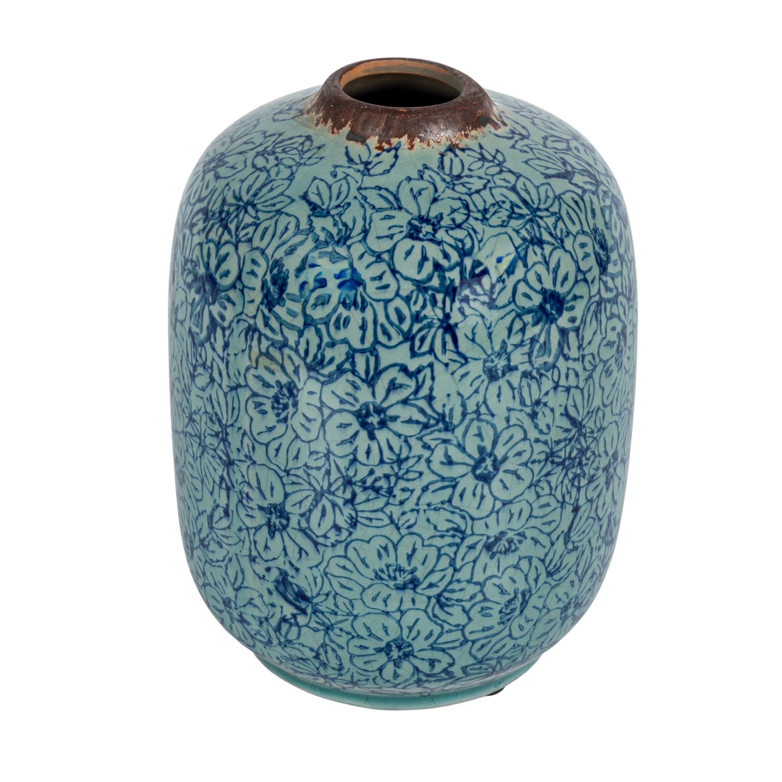 Creative Co-Op Decorative Round Terra-Cotta Vase with Floral Pattern with Distressed Finish, Blue