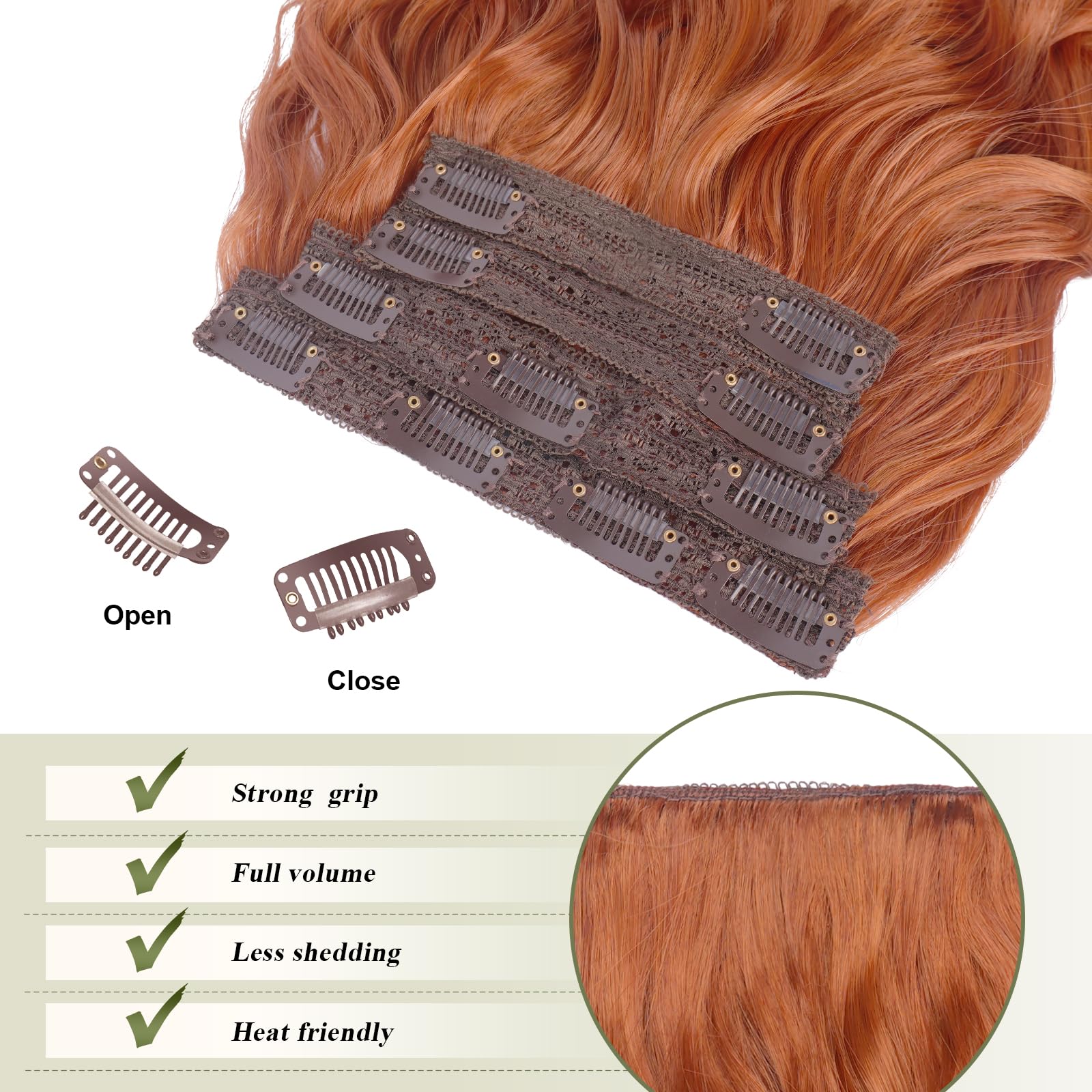 FESHFEN Clip in Hair Extensions 4PCs Long Wavy Thick Hair Piece Highlighted Full Head Synthetic Natural Curly Copper Red Extension for Women 16 Inch - Image 4