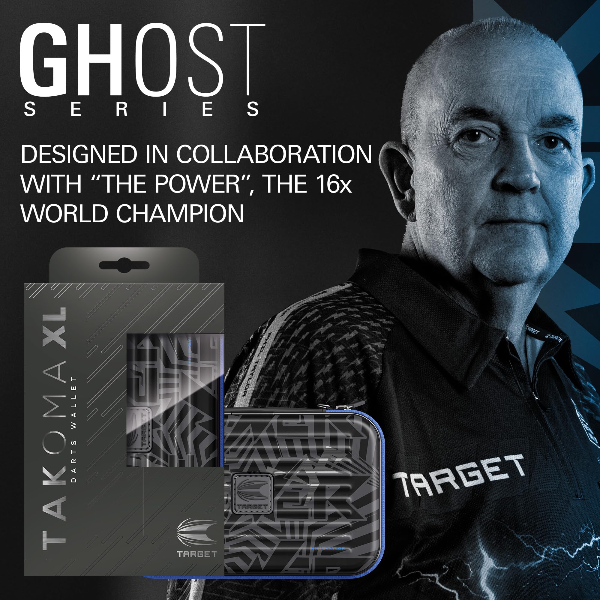 Target Darts Phil Taylor Ghost Series XL Takoma Wallet – “The Power” profesjonalne etui na 6 zmontowanych rzutek, czarno-białe, z zamkiem błyskawicznym, trwałe akcesoria do przechowywania.
