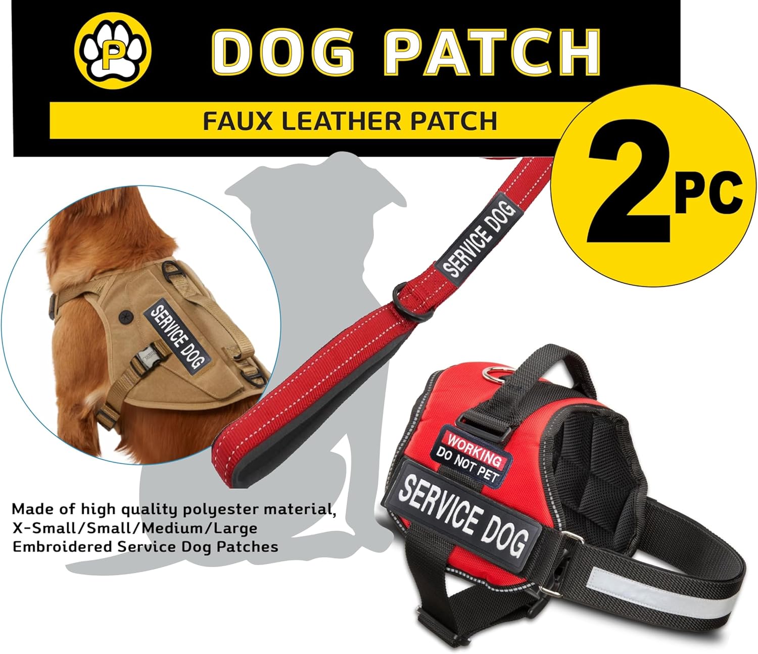 2パック刺繍サービスドッグフェイクレザーパッチ-ワーキングアニマルドッグバッジ縫い付けパッチ(ブラック、S)