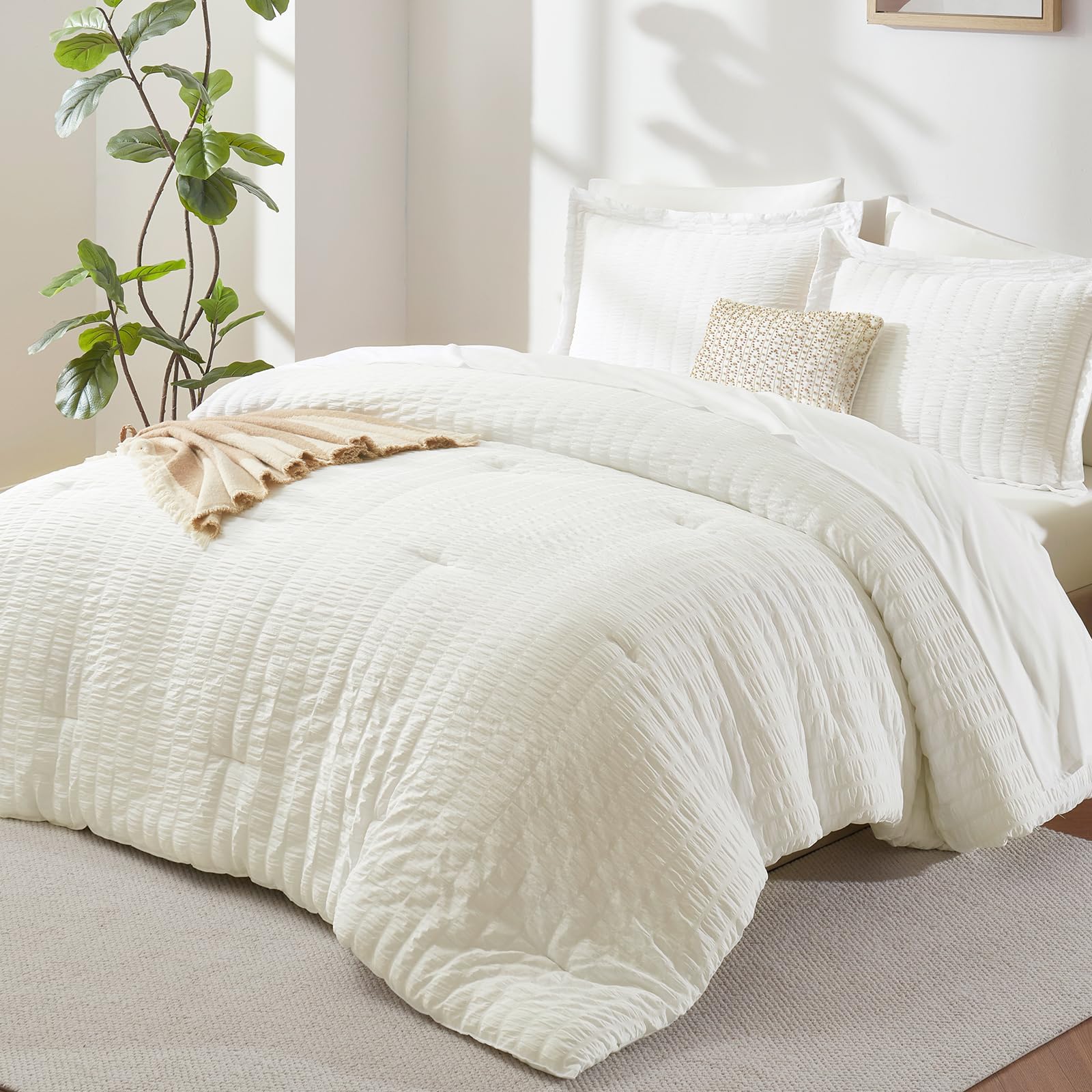 Queen Comforter Set Ivory Seersucker 7 Pieces Bed in a Bag Queen Comforter Set with Sheets, Luxury Soft Bedding Sets with Down Alternative Comforter, Sheets, Pillowcases & Shams for All Season