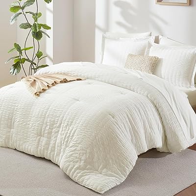 CozyLux Full Size Comforter Sets with Sheets Seersucker 7 Pieces Beige Bed in a Bag Textured Luxury Soft Bedding Set with Down Alternative Comforter, Sheets, Pillowcases & Shams for All Seasons