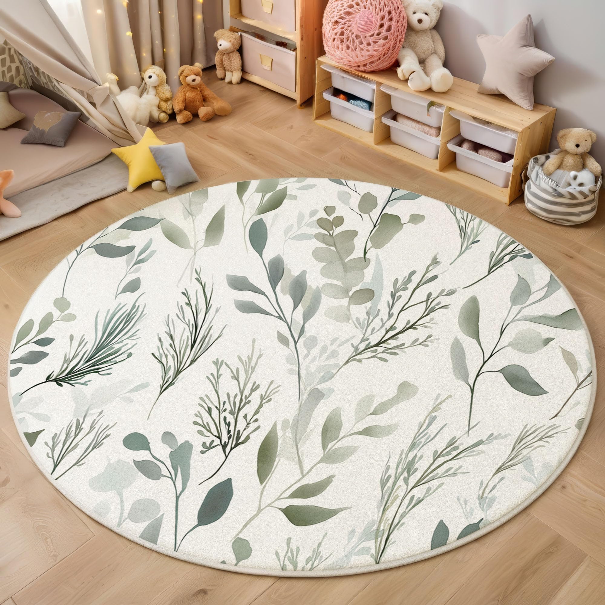 Tapis Rond Déco, Impression de Aquarelle Feuilles Vert Sauge Interieur Antidérapant Tapis Chambre Salle de Jeux pour Enfants, Moquette Doux Absorbant, Gris-Vert, 120cm