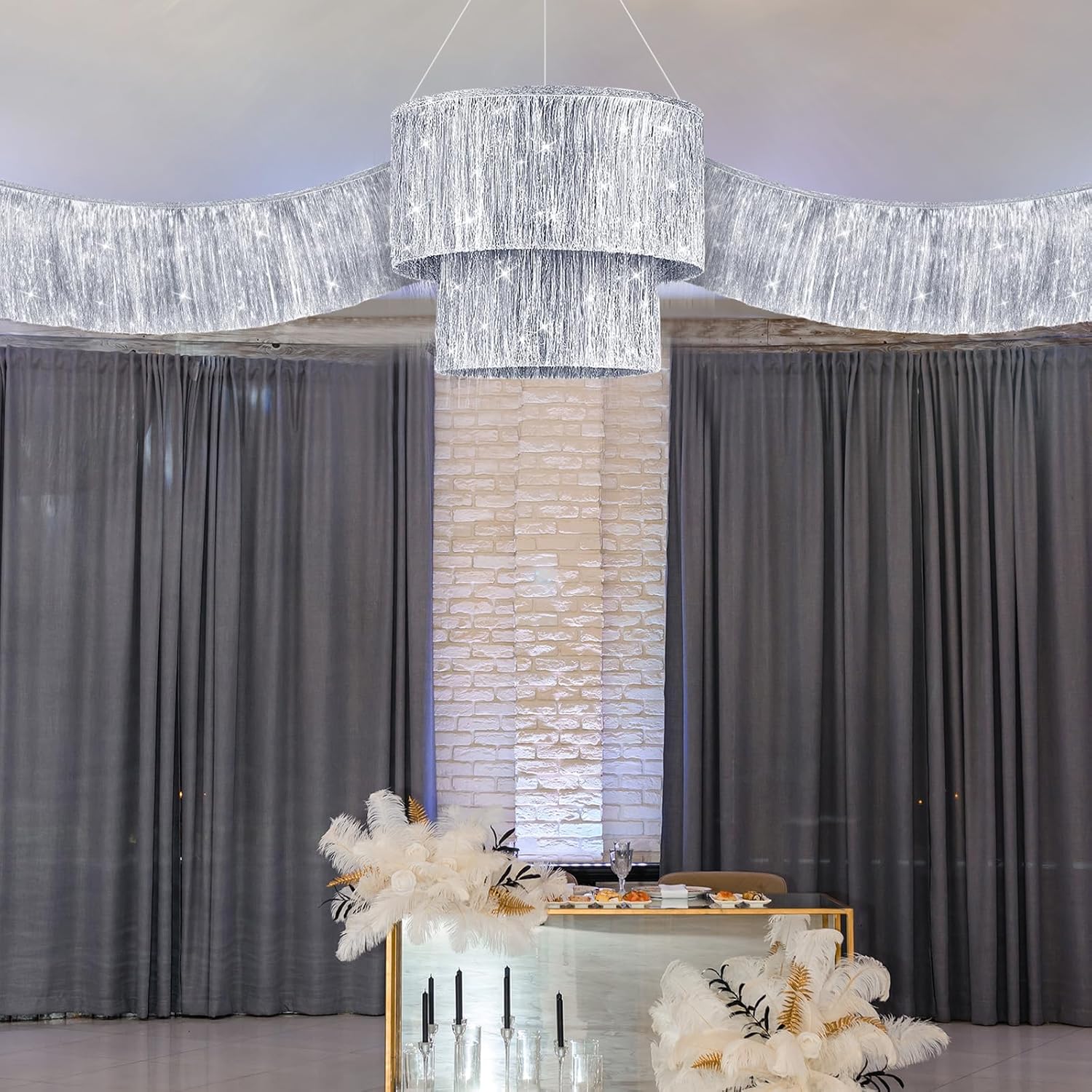 Novabright 4 Pcs 2 Tier Iridescent Fringe Tinsel Chandelier 5 ft Iridescent Fringe Banner Shimmering Foil Party Disco Ball Decor Shiny Ceiling Banner for Wedding Birthday 1920s Themed Parties(Silver)