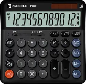 CALCULADORA DE MESA GRANDE 12 DIG. PROCALC, VISOR GRANDE, DUAL POWER, PRETA