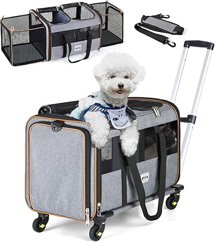 Lekereise Transportador doble expandible para mascotas con ruedas, transportador grande para 1 gatoperro grande o 2 gatos medianos, mango telescópico