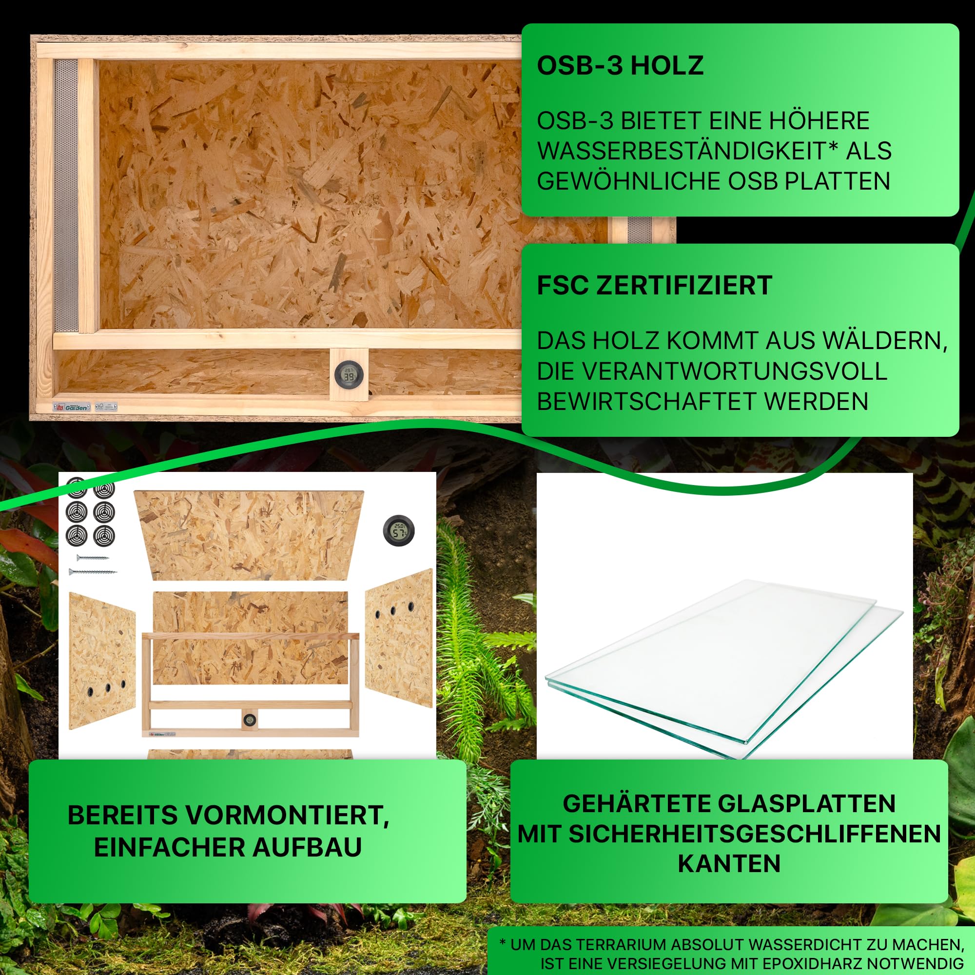 ITA Holz Terrarium 120x60x60 cm mit Frontbelüftung & Integriertem Hygrometer - Holzterrarium aus OSB-3 Platten - Terrarien für Reptilien, Schlangen, Amphibien - EU Produkt, FSC Zertifiziert