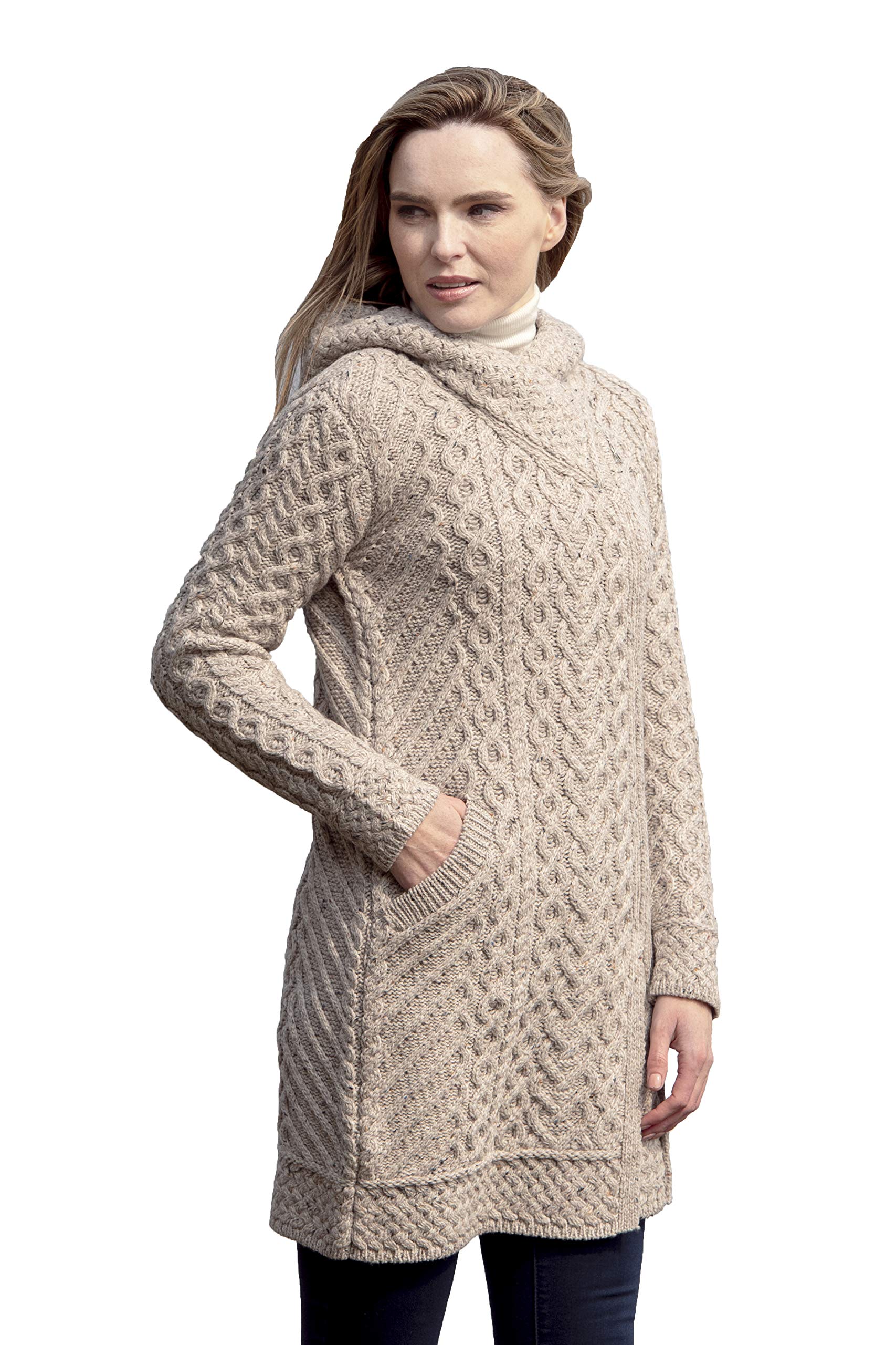 Aran Crafts Womens Cable Knit Long Hooded Side Zip Coat 100 Merino Wool