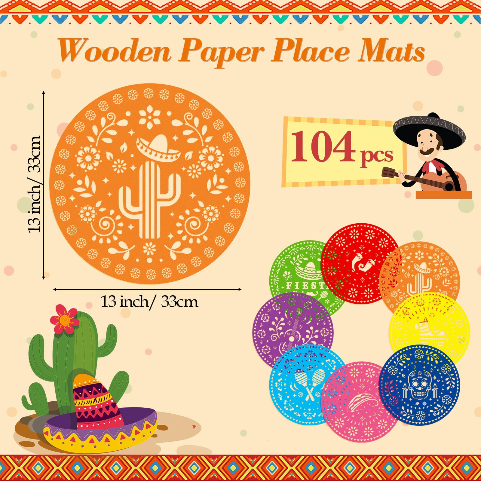 Havawish 104 manteles individuales de papel de fiesta de 13 pulgadas, papel picado mexicano, desechables, burro, tacos, cactus, piñata, mantel redondo para fiesta mexicana, suministros de decoración
