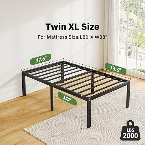 Miniatura 14 de Marco de cama individual de 18 pulgadas, no necesita somier, plataforma de metal, fácil montaje, resistente, alto, negro