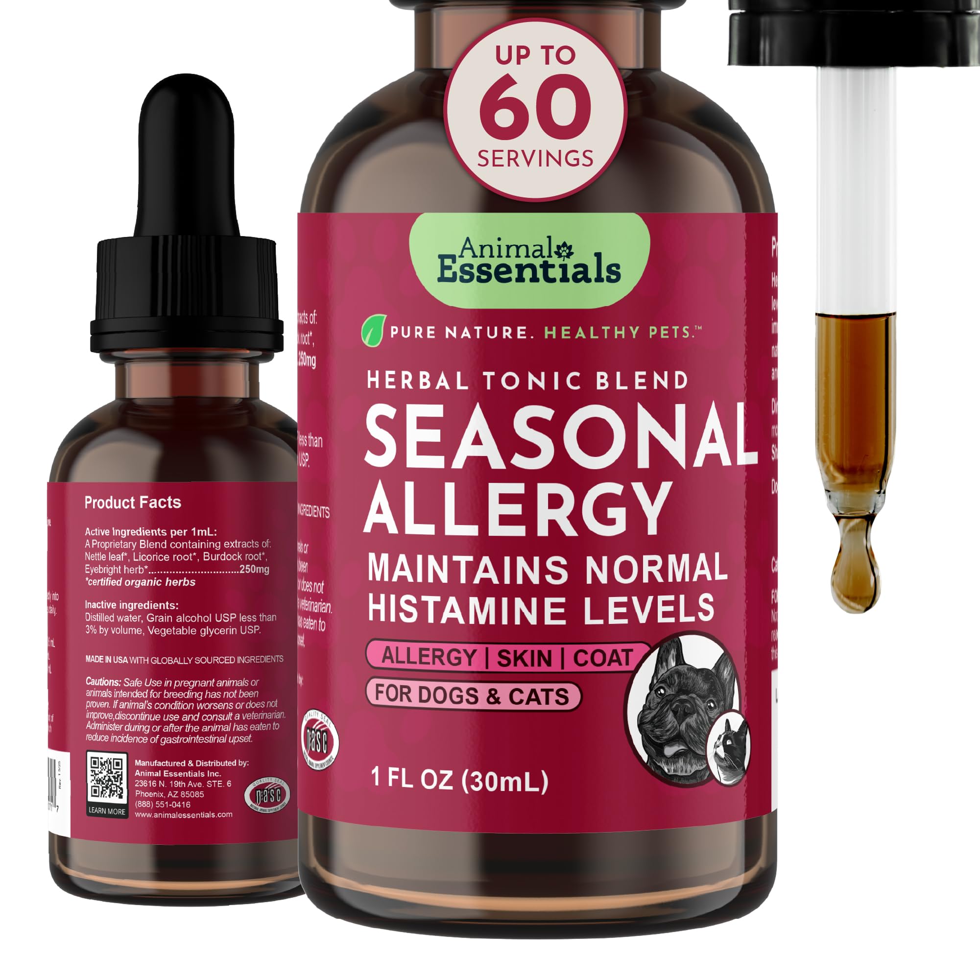 Seasonal Allergy Herbal Supplement for Dogs & Cats, 1 fl oz - Made in the USA, Sweet Tasting Allergy Relief