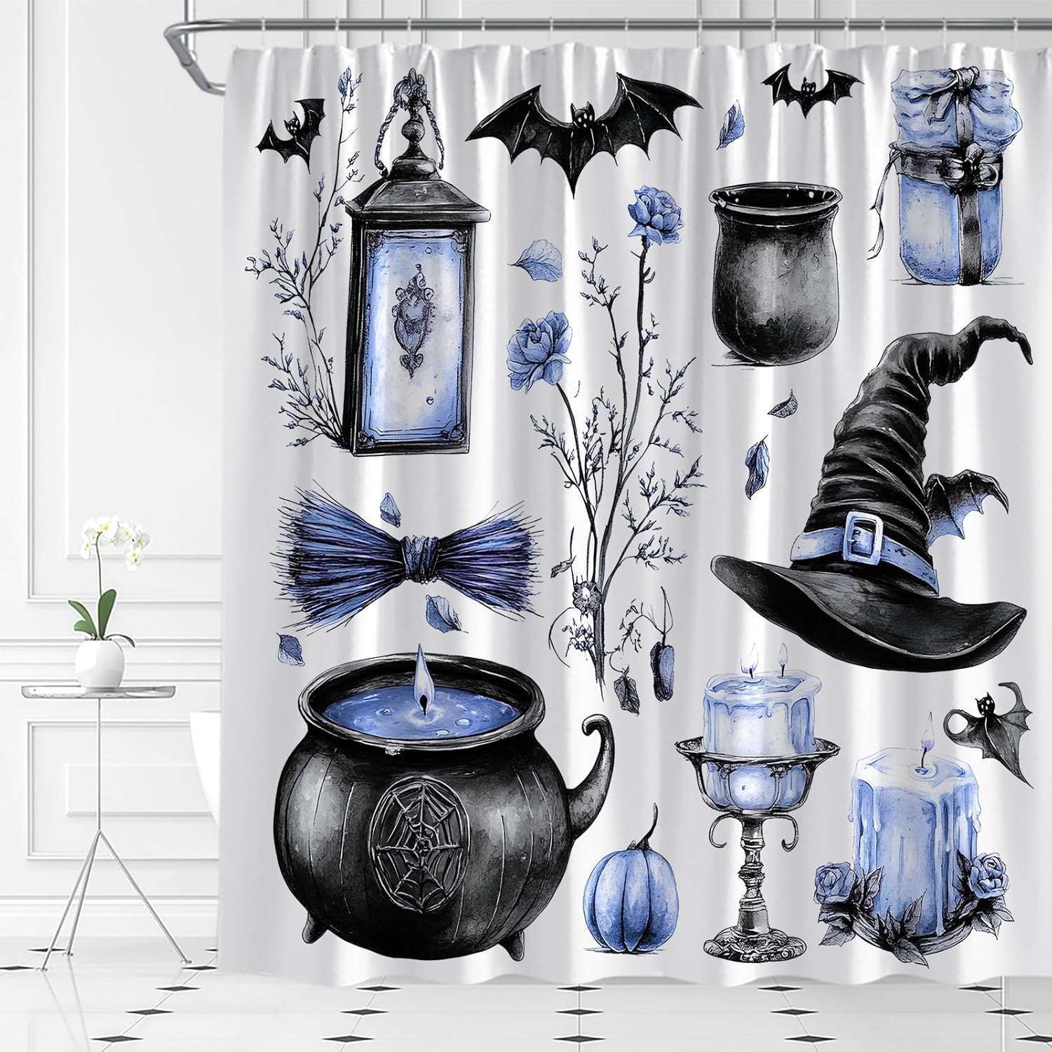 Spooky Halloween Shower Curtain Alchemy Witch Pumpkin Bat Floral Witchcraft Horror Gothic Holiday Ambience Polyester Fabric Bathroom Decor Set with Hooks(84" Wx70 H)