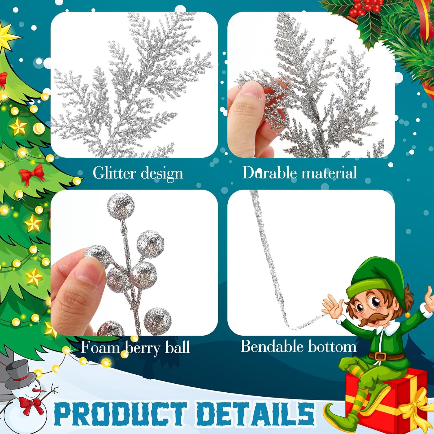 Moucuny Christmas Glitter Artificial Picks Set Leaf Sprays Cedar Picks Glitter Berries Stems Tropical Leaf Pine Needles Xmas Stems Branches for Christmas Tree Vase Home(Silver,80 Pcs)