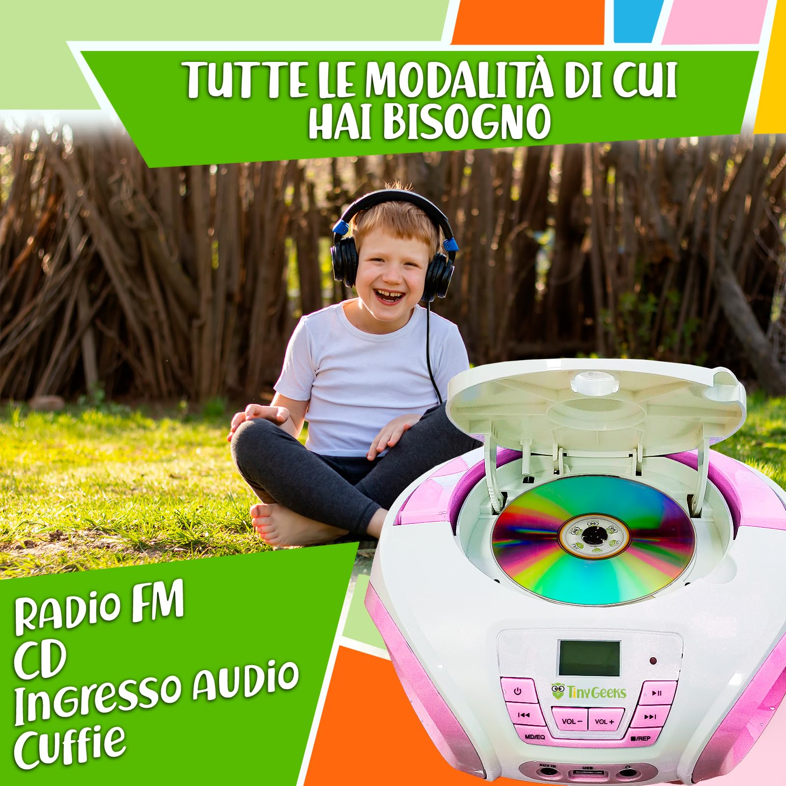 TinyGeeks Tunes CD PLAYER BAMBINI - NUOVO - Radio FM - Batterie incluse - LETTORE CD BAMBINI con altoparlanti - Regalo perfetto - Rosa