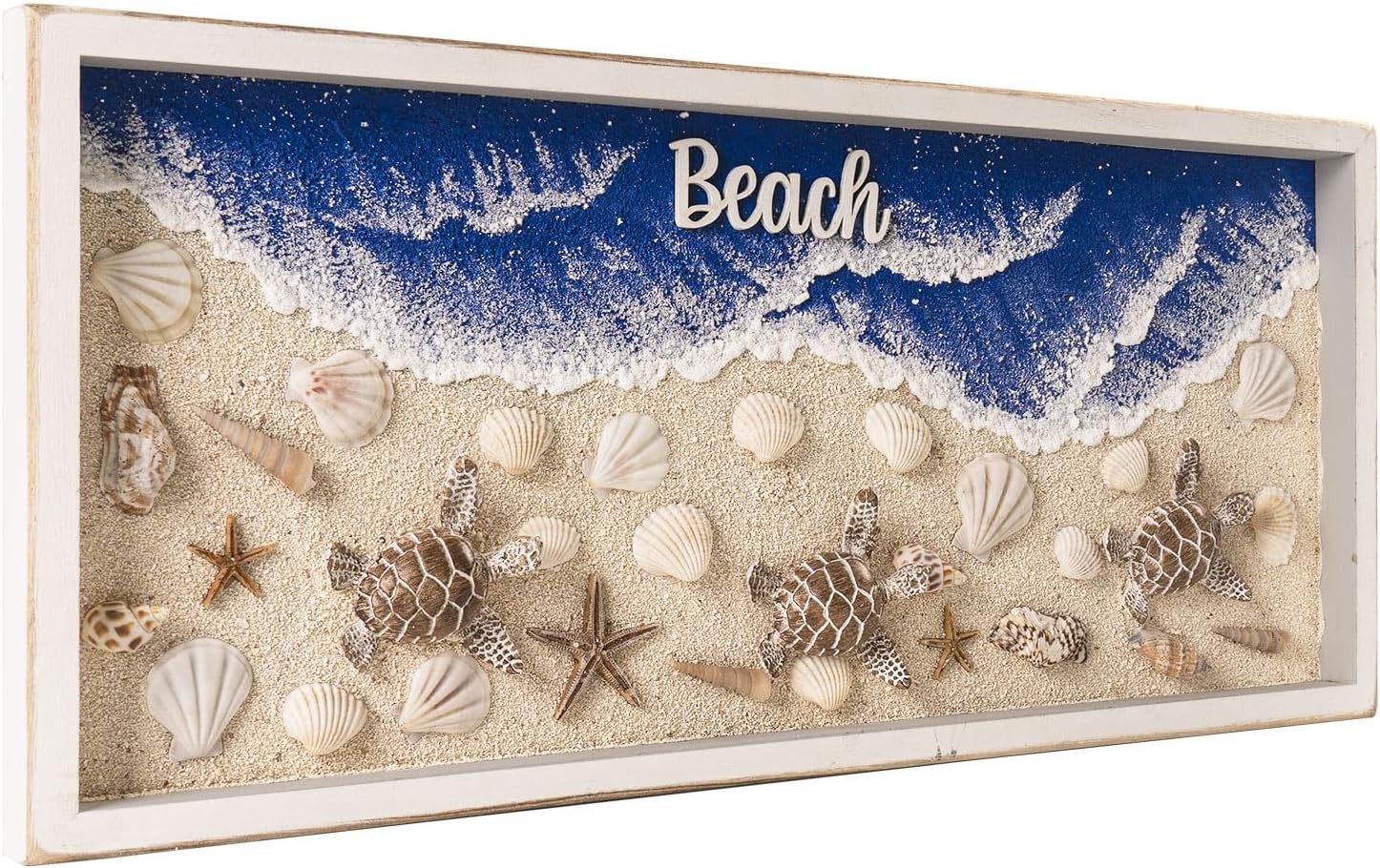 pechpell Beach Wall Decor with 3D Sea Turtle Seashell Starfish Conch Wave, 23.6×10.6 Inch Coastal Themed Room Wall Sculptures Art Wooden Framed, Ocean Beachy Living Room Bedroom Bathroom Home Artwork