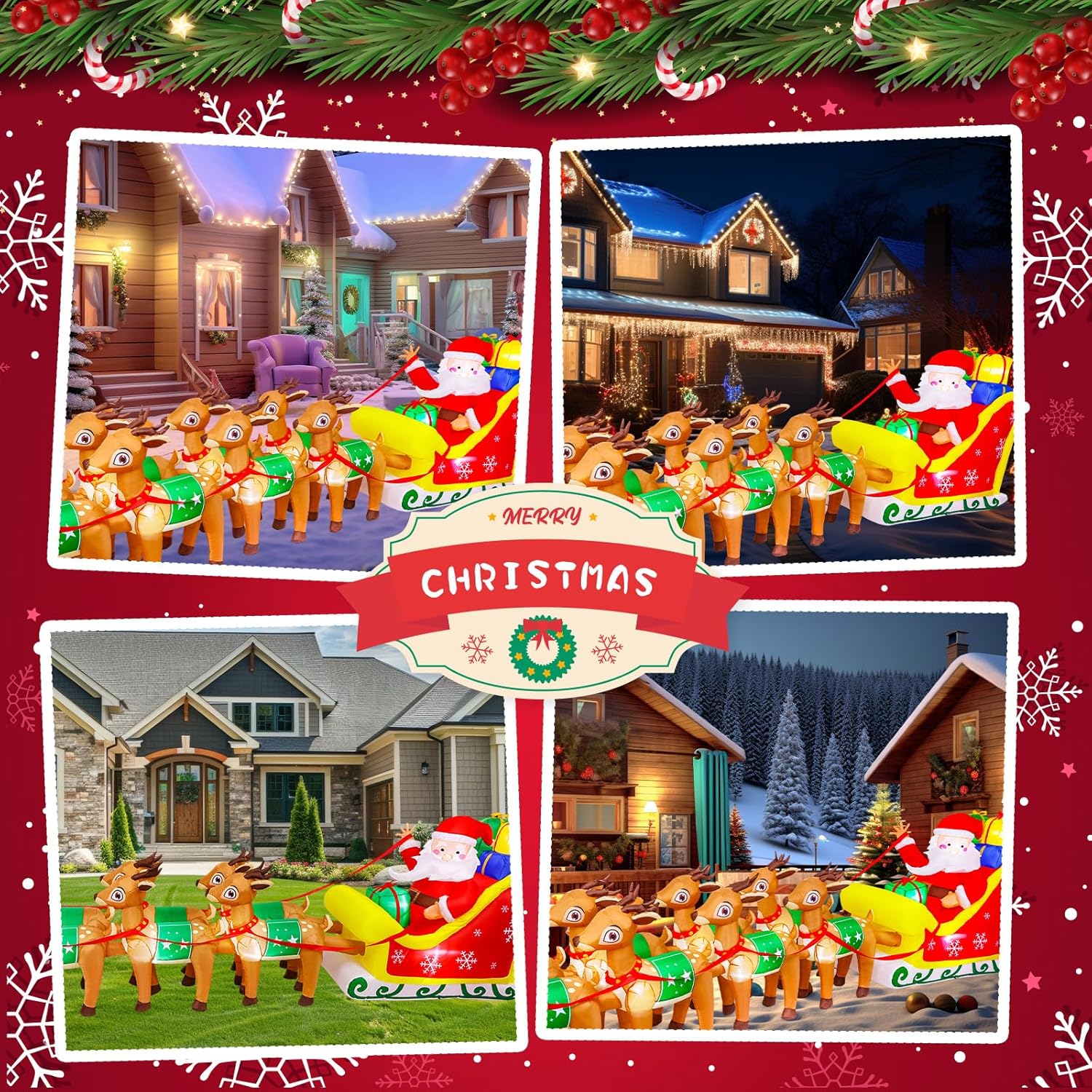 12 FT Christmas Inflatables with Santa Claus Reindeer Built-in LED Lights Blow Up Christmas Decor for Christmas Party Holiday Outdoor Garden Lawn Yard Decorations