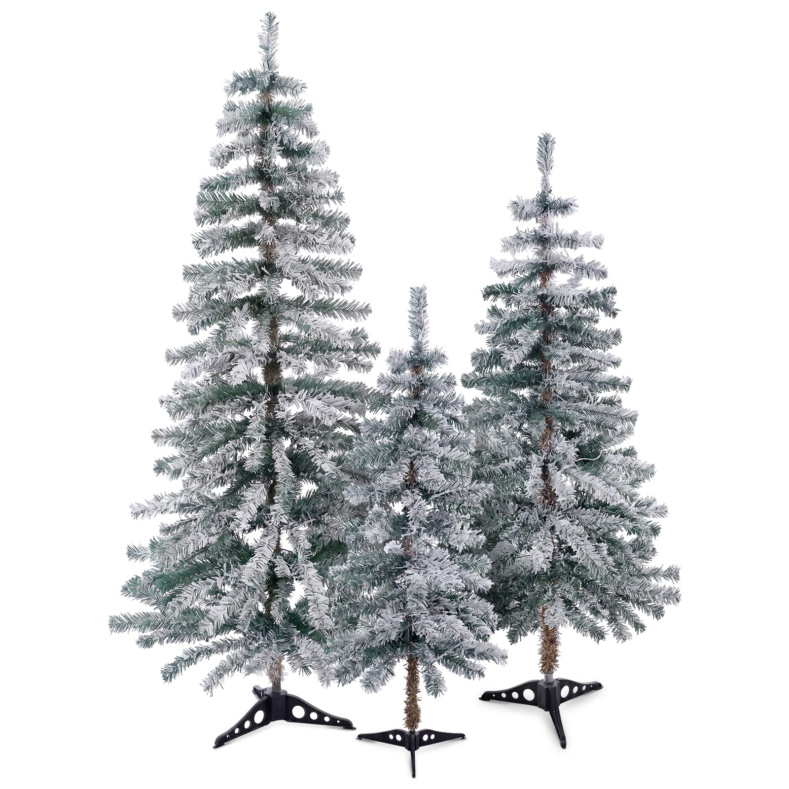 Cinnvoice Lot de 3 sapins de Noël artificiels naturels floqués avec lumières – Pin de Noël floqué avec branches pliables pour intérieur et extérieur (arbre alpin, 0,9 m, 1,2 m)