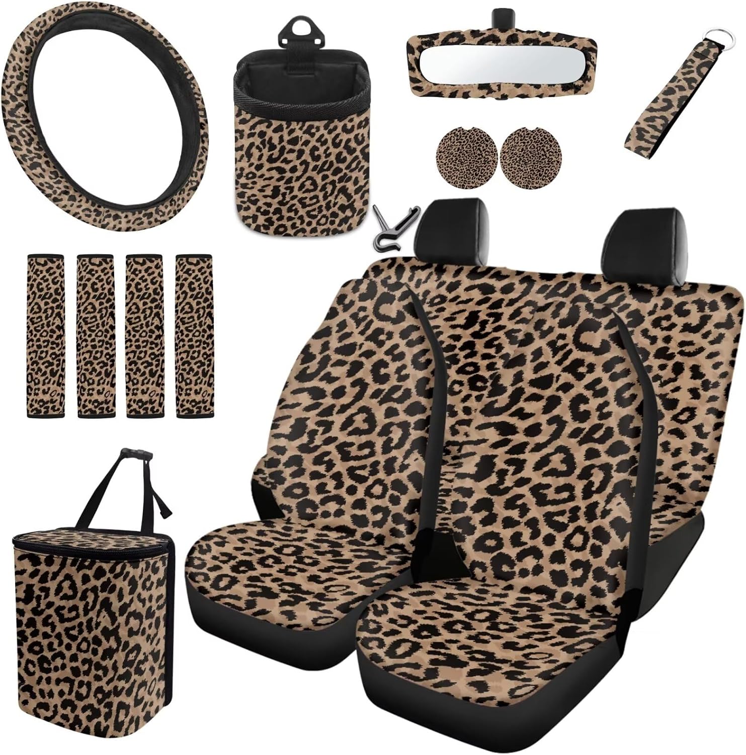 Dreaweet Brown Cow Print Car Seat Covers Full Set for Women Cute Car Accessories Seat Cover with Wheel Cover Seatbelt Covers Car Coasters Trash Bag Vent Storage Bag Rearview Mirror Cover Keychain