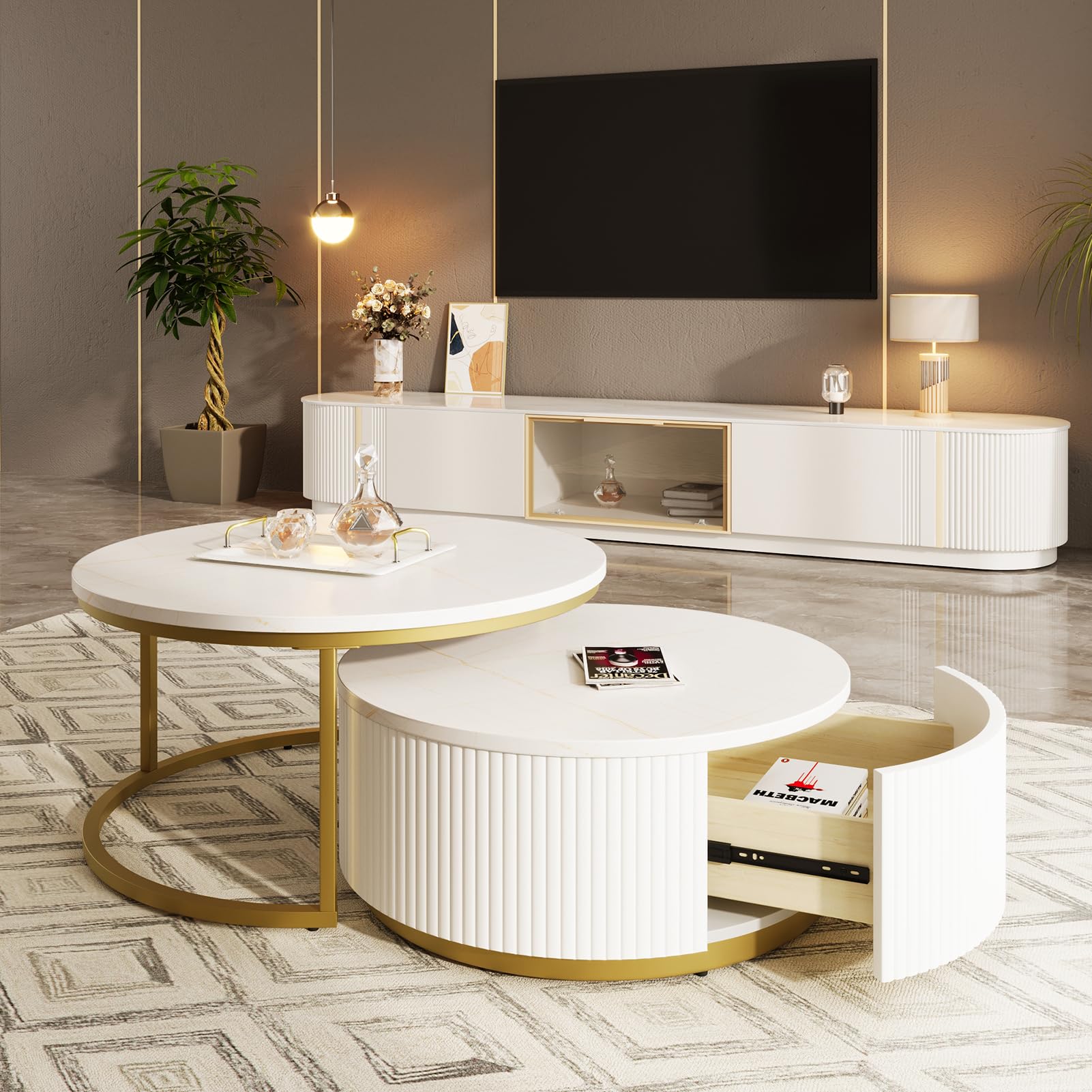 Modern Round Nesting Coffee Table with Drawer, Side Table End Table Cocktail Table with Gold Metal Frame, for Living Room, Small Space, White & Gold