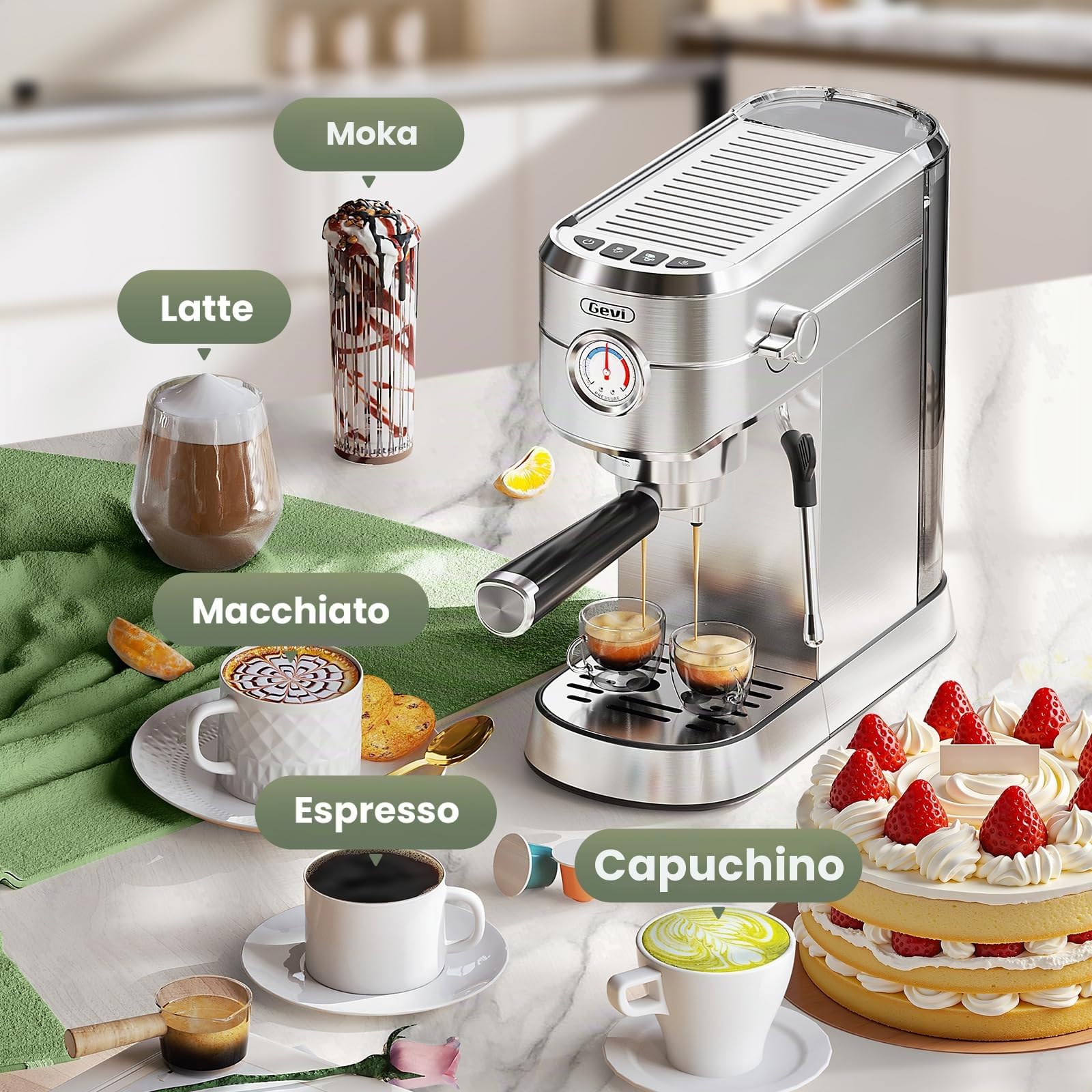 Gevi Cafetera espresso comercial y cafetera profesional de 20 bares con espumador de leche, cafetera espresso de acero inoxidable para el hogar, máquina compacta de capuchino