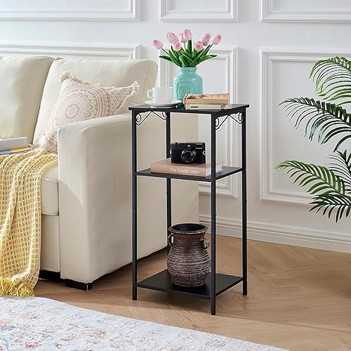 Miniatura 7 de Hoctieon Mesa auxiliar alta de 3 niveles, mesa de noche delgada, mesa auxiliar estrecha con almacenamiento, mesita de noche alta para espacios