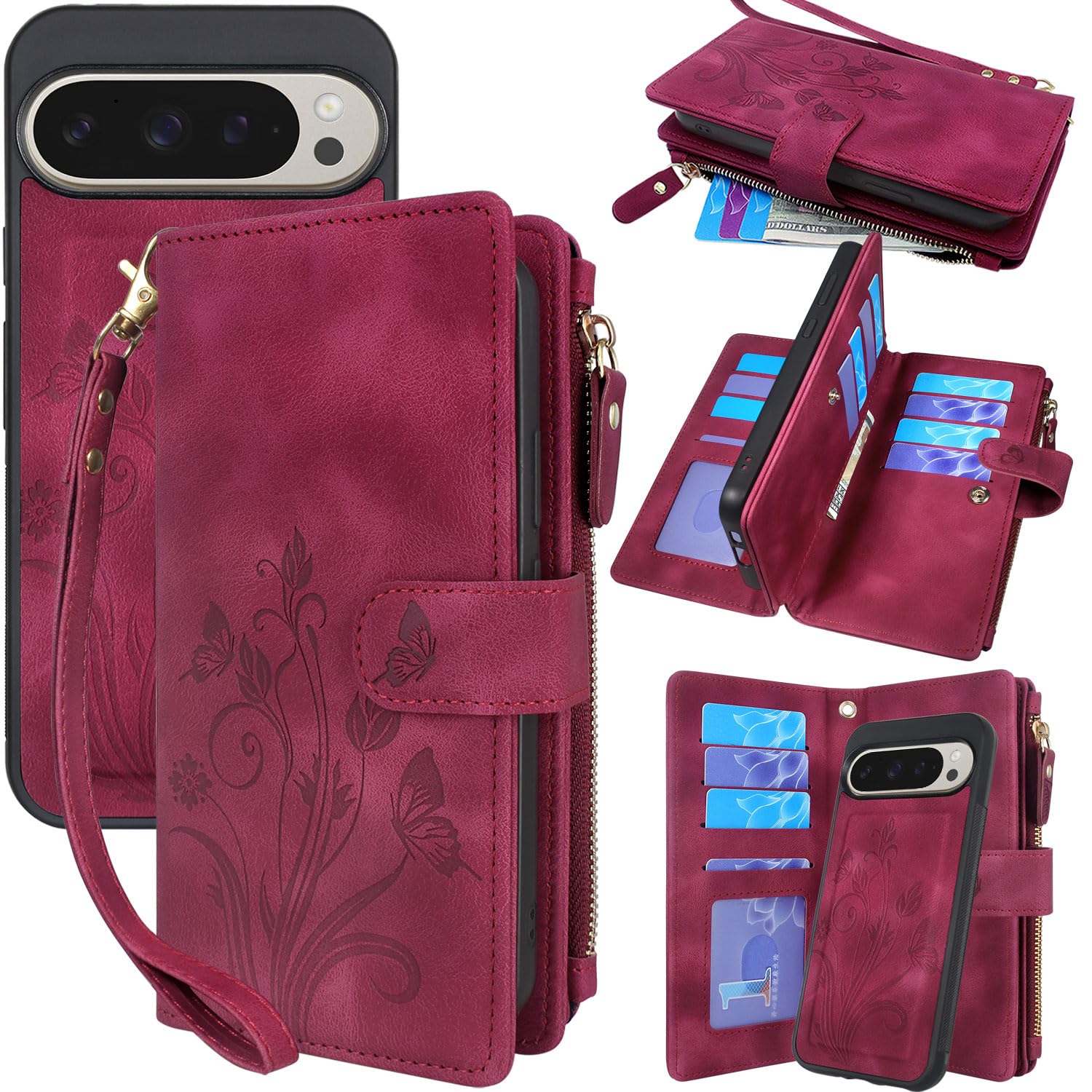 Lacass Case Wallet for Google Pixel 9/9 Pro, [12 Card Slots] ID Credit Cash Holder Zipper Pocket Detachable Leather Wallet Cover with Wrist Strap