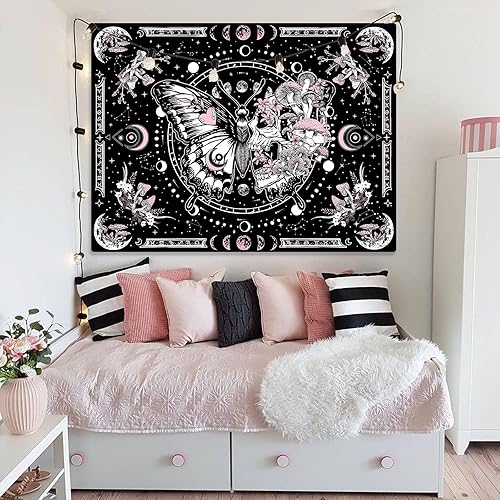 Miniatura 6 de Tapiz de esqueleto y mariposa, calavera rosa, hippie, hongos, tapiz para dormitorio, fase lunar, tapices estéticos para colgar en la pared para sala