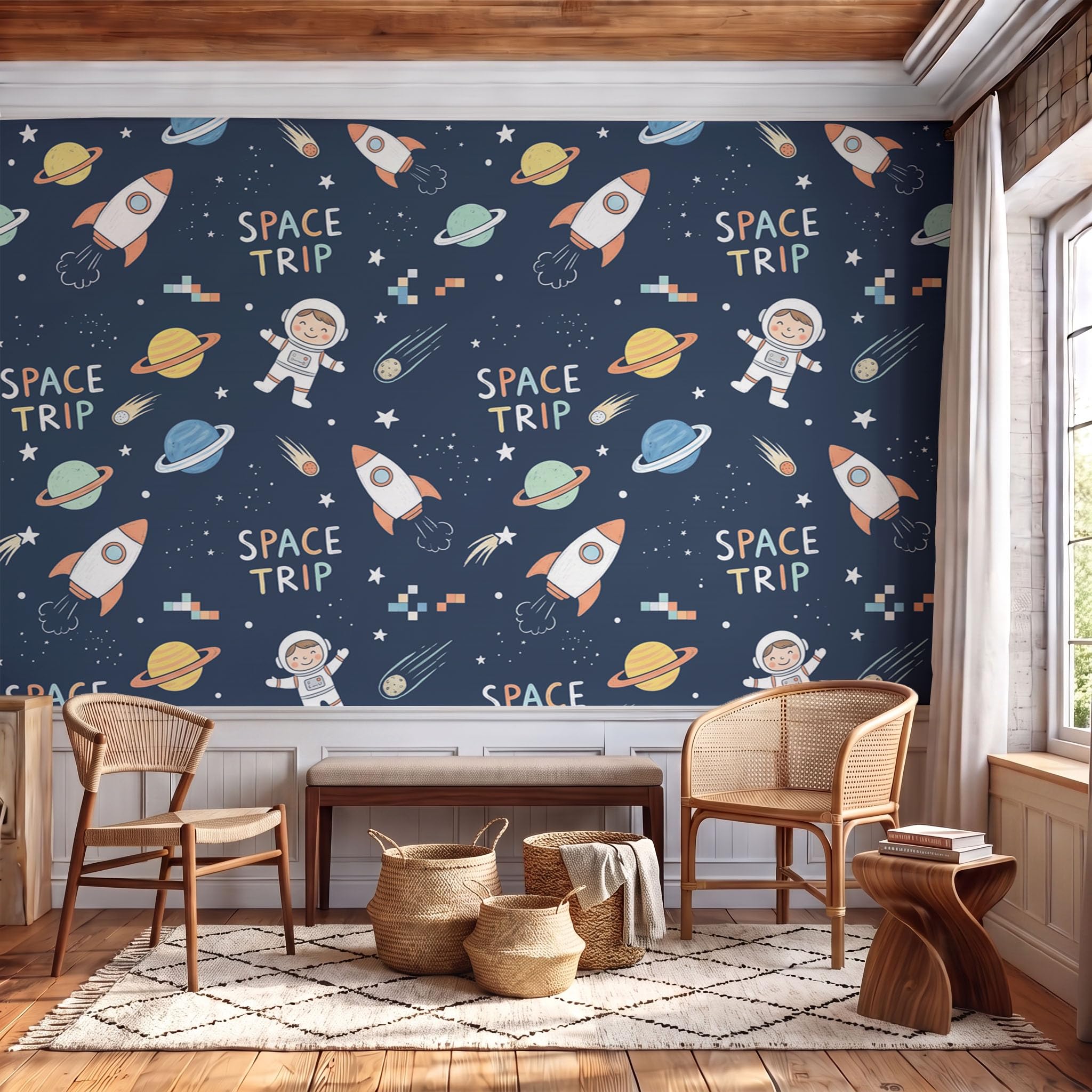 Papier Peint Panoramique 200X140Cm Astronaute Amusant Dans L'Espace | Bleu Marine Papier Peint Intissé Tapisserie Poster Décoration Murale Pour Salon Chambre - Fusées Planètes Galaxies