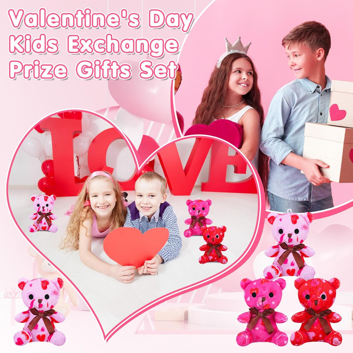 Poen 18 Pack Valentines Day Bears Bulk with Heart Cards Mini Valentine Stuffed Animal with Heart Pattern Bears Toys Keychains for Kids Boy Girl Classroom Prize Goodie Bag Stuffers Party Favor