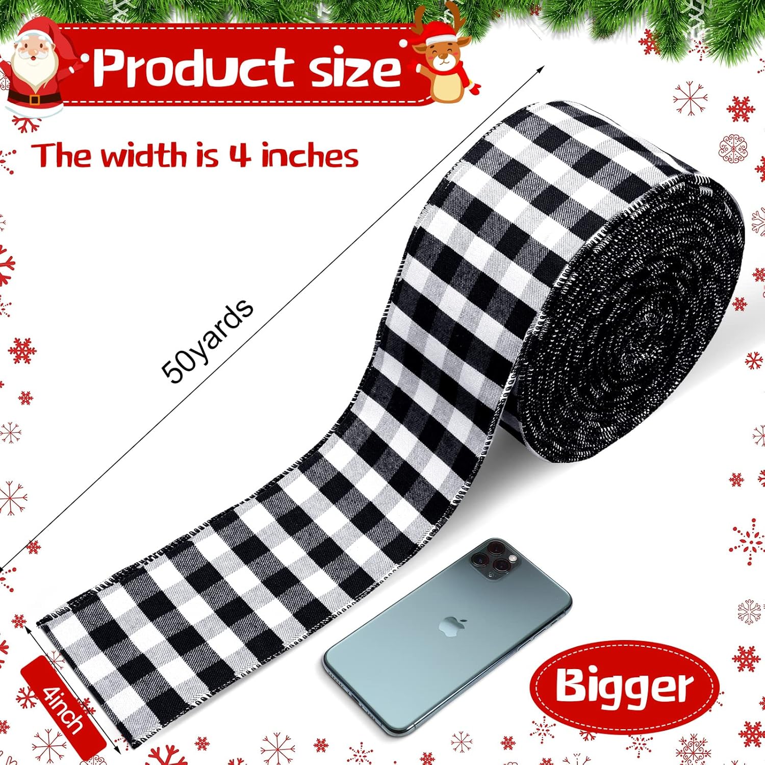 4 Inch x 50 Yards Christmas Plaid Buffalo Ribbon Check Wired Edge Gingham for Christmas Tree Wreath Bows Decor(Black White Plaid)