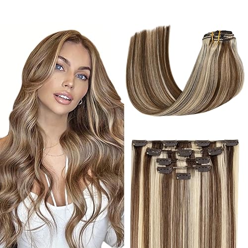Miniatura 7 de Extensiones de cabello humano con pinzas, 14 pulgadas, 7 unidades, 2.47 onzas, color café tostado oscuro y marrón caraamel, 100% real, hechas a