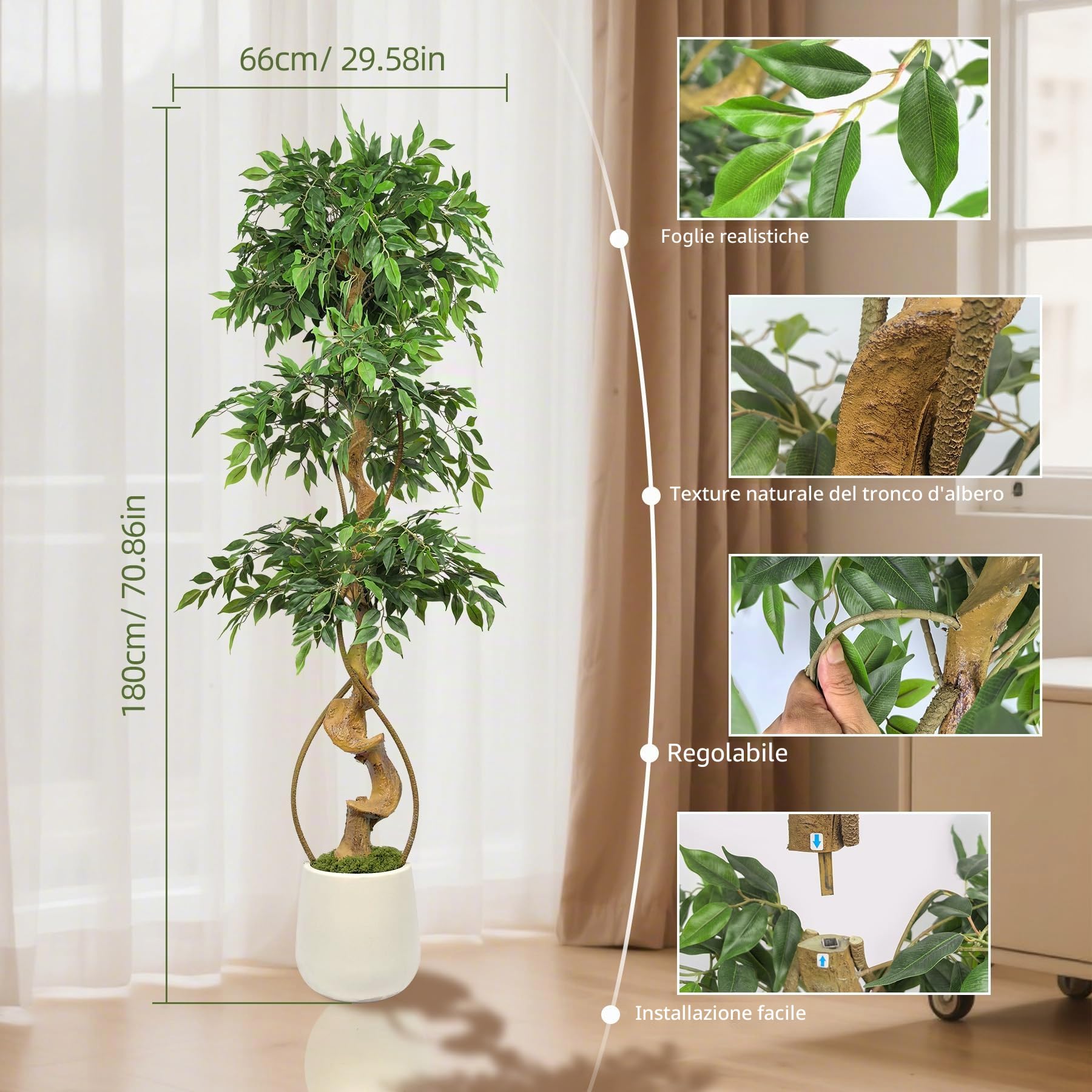 Piante Finte Grandi, Albero di Baniano Pianta Finta Alta da 180 CM, Piante Finte Che Sembrano Vere, Piante Artificiali Adatte per Interno, Esterno, Casa, Ufficio, Giardino, Decorazione