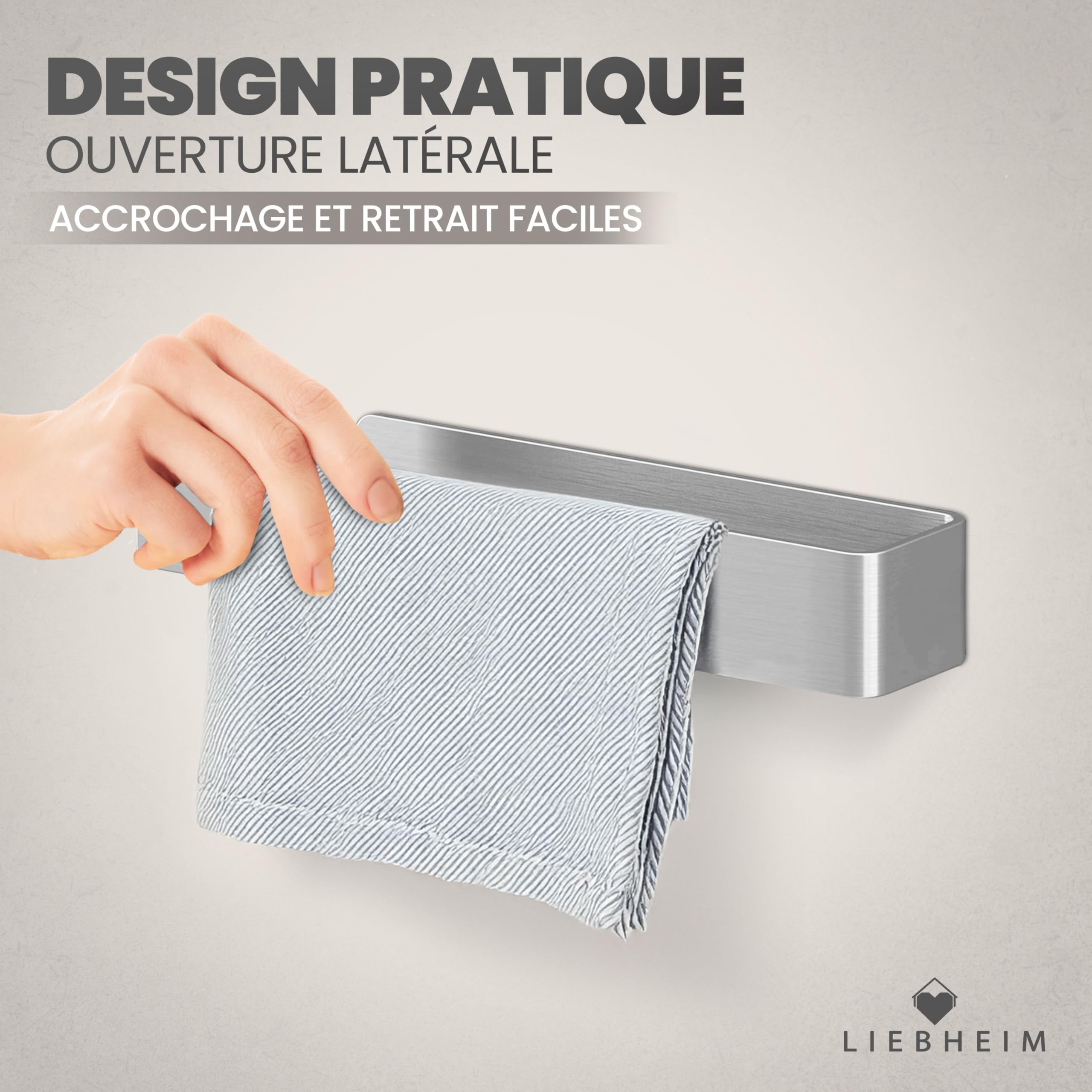 LIEBHEIM Porte-Serviette Salle de Bain - Porte Serviette Mural sans Percage - Support Serviette Salle de Bain - Porte Torchon (Acier Inoxydable Brossé 22 cm)