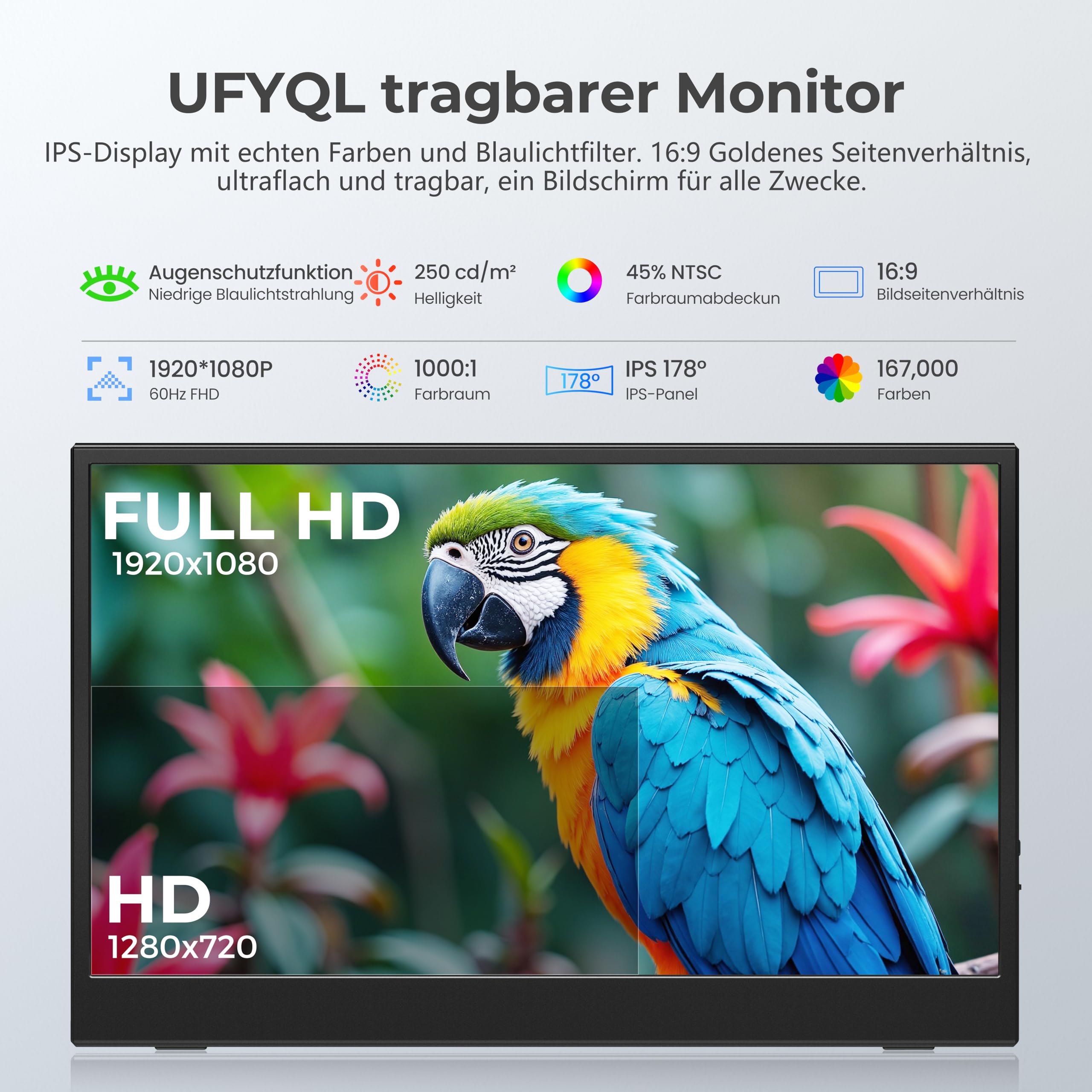 UFYQL Portable Monitor 15,6 Zoll FHD IPS Display Plug and Play USB-C HDMI VESA-kompatibel