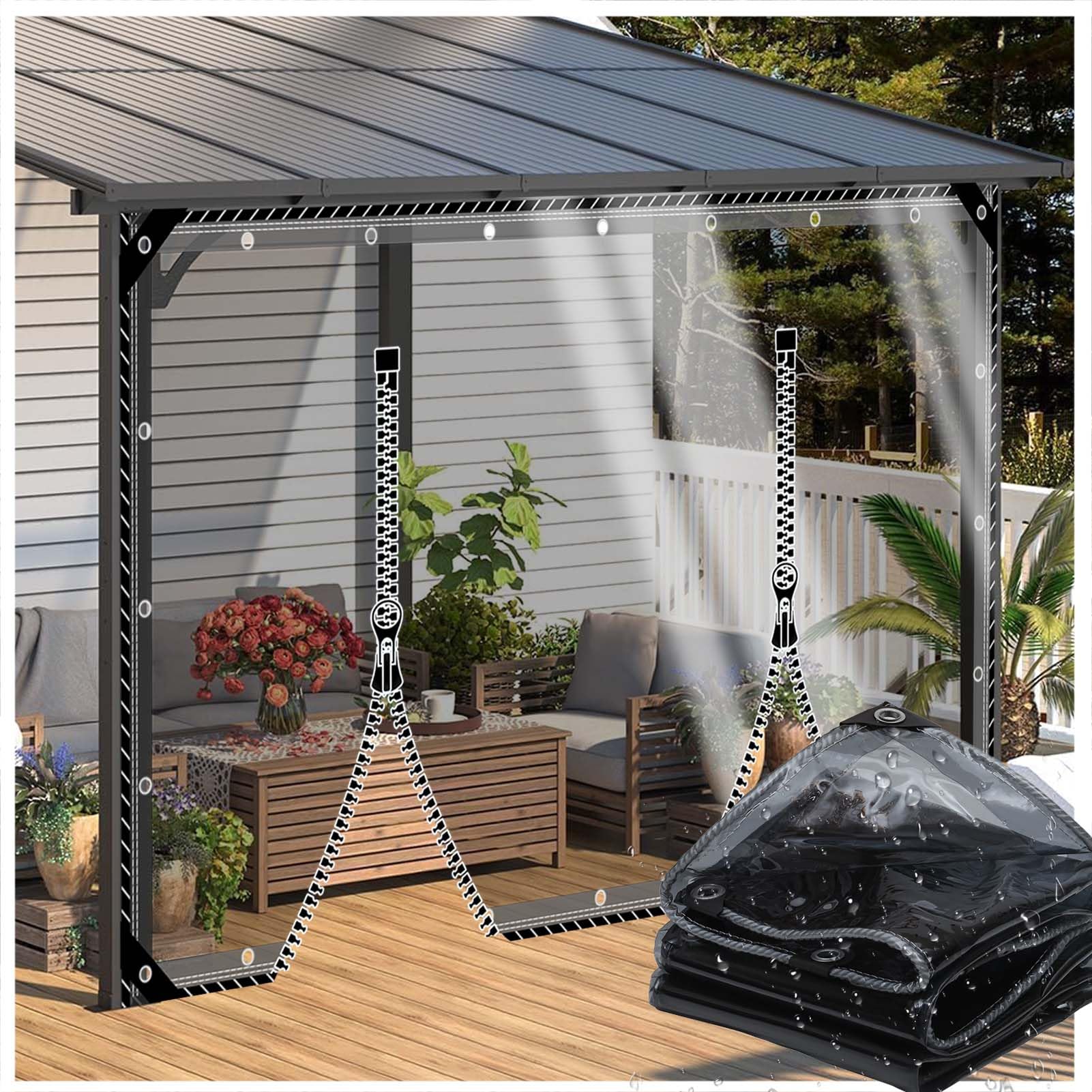 ZHJSHOU Custom Size Clear PVC Tarpaulin 2mx3.5m, Black Transparent Heavy Duty Waterproof Tarp 420gms with 2 Zip for Pergola Cover,Balcony Rain Protection,Garden, Outdoor Bar