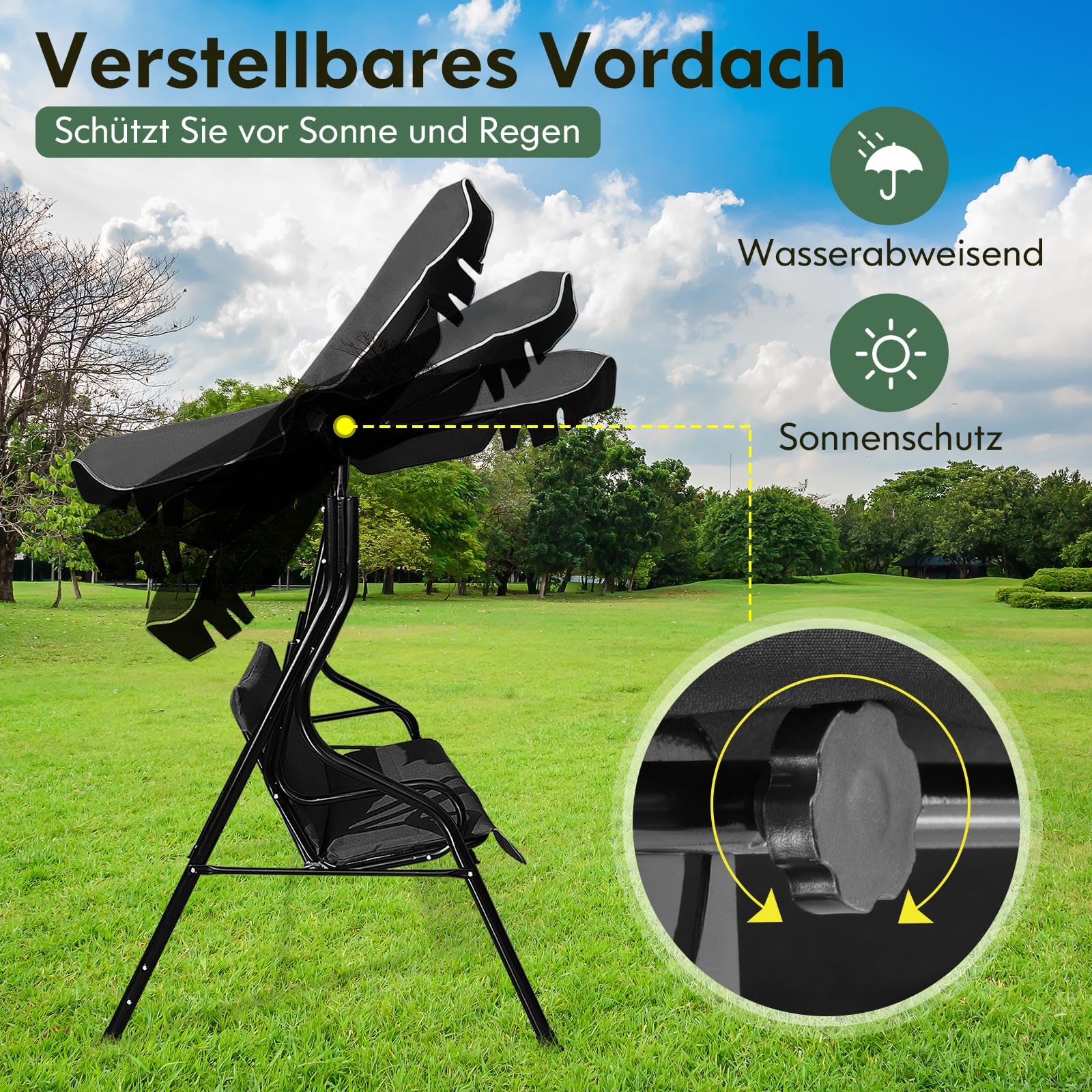 COSTWAY 3-Sitzer Hollywoodschaukel, Gartenschaukel mit verstellbarem Dach, Schaukelbank für Garten, Terrasse & Hinterhof, 172 x 110 x 154 cm (Schwarz)