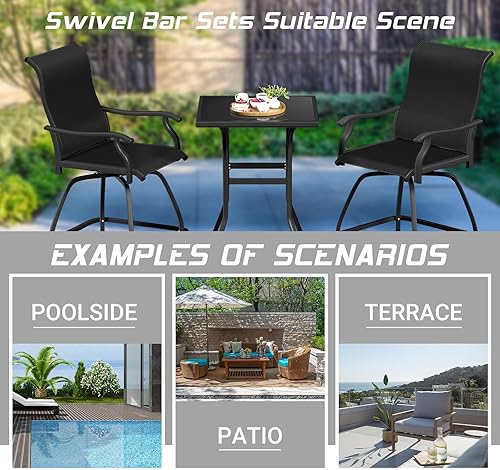 Miniatura 6 de LEVELEVE Juego de 2 taburetes de bar giratorios para patio, muebles de textileno para exteriores, estabilidad para todo tipo de clima