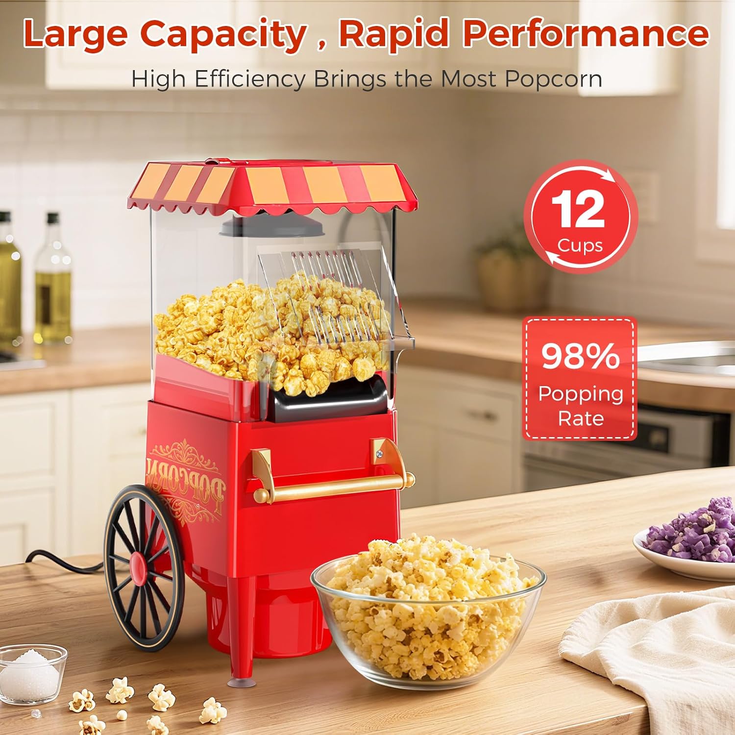 OSTBA 1200W Air Popper Popcorn Maker, 12 Cups Hot Air Popcorn Popper Electric with Retro Design, Oil-Free Popcorn Machine with Butter Tray, One-Button Control, Home & Party Use