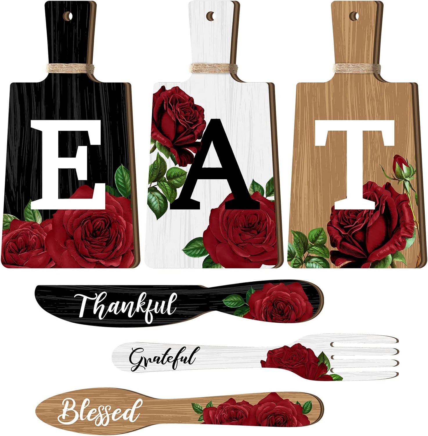 6 Pieces Cutting Board Kitchen Decor Red Rose Eat Sign Set Wooden Kitchen Knife Fork Spoon with Thankful Grateful Blessed Hanging Sign Rustic Farmhouse Wedding Wall Art for Wedding Home Decoration 6 Pieces Cutting Board Kitchen Decor Red Rose Eat Sign Set Wooden Kitchen Knife Fork Spoon with Thankful Grateful Blessed Hanging Sign Rustic Farmhouse Wedding Wall Art for Wedding Home Decoration