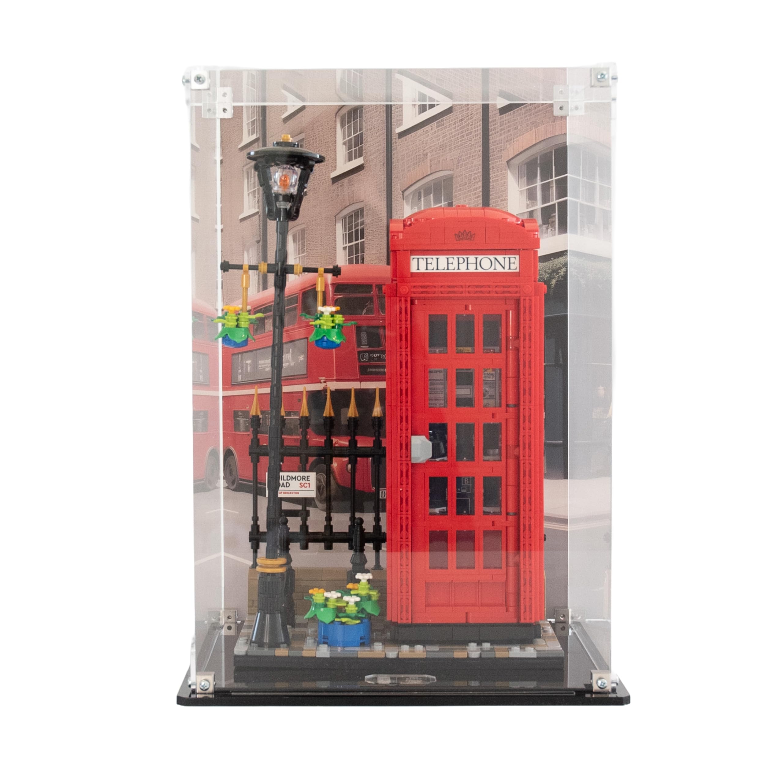 Acrylic Display Case compatible with Lego® Red London Telephone Box 21347 (Printed Back Panel)