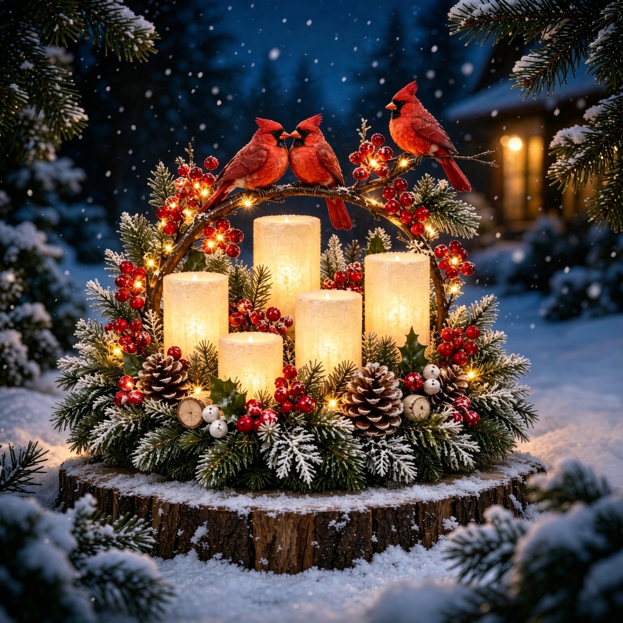 Cardinal Christmas Table Centrepiece, Flameless LED Candles, Wreath