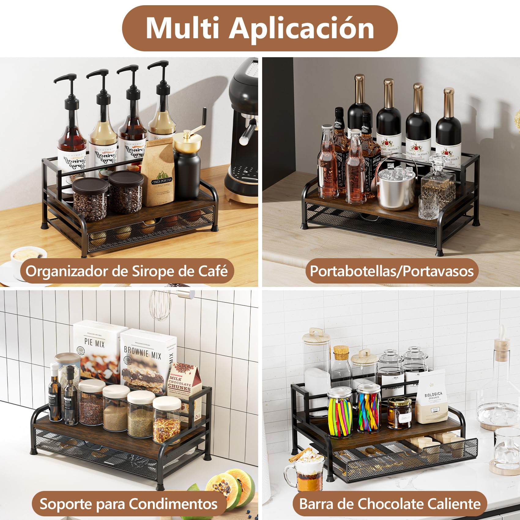Organizador de jarabe de café, estante de jarabe de 3 niveles para 8 botellas con cajón para cápsulas Nespresso, capacidad para hasta 30 cápsulas grandes o 40 pequeñas, organizador de barra de café de