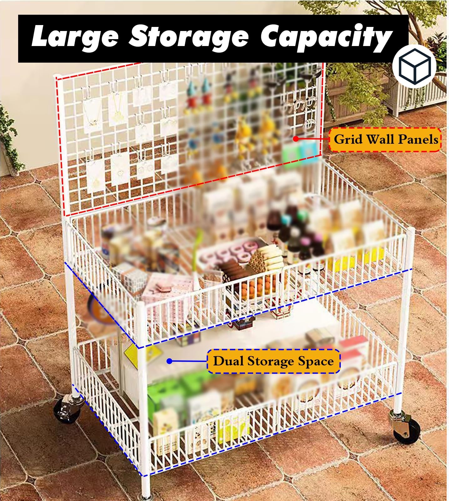 Espositore in filo metallico con 4 ruote e 10 Hoo, carrello versatile per fiere, mercatini delle pulci, eventi, bianco (100 cm)