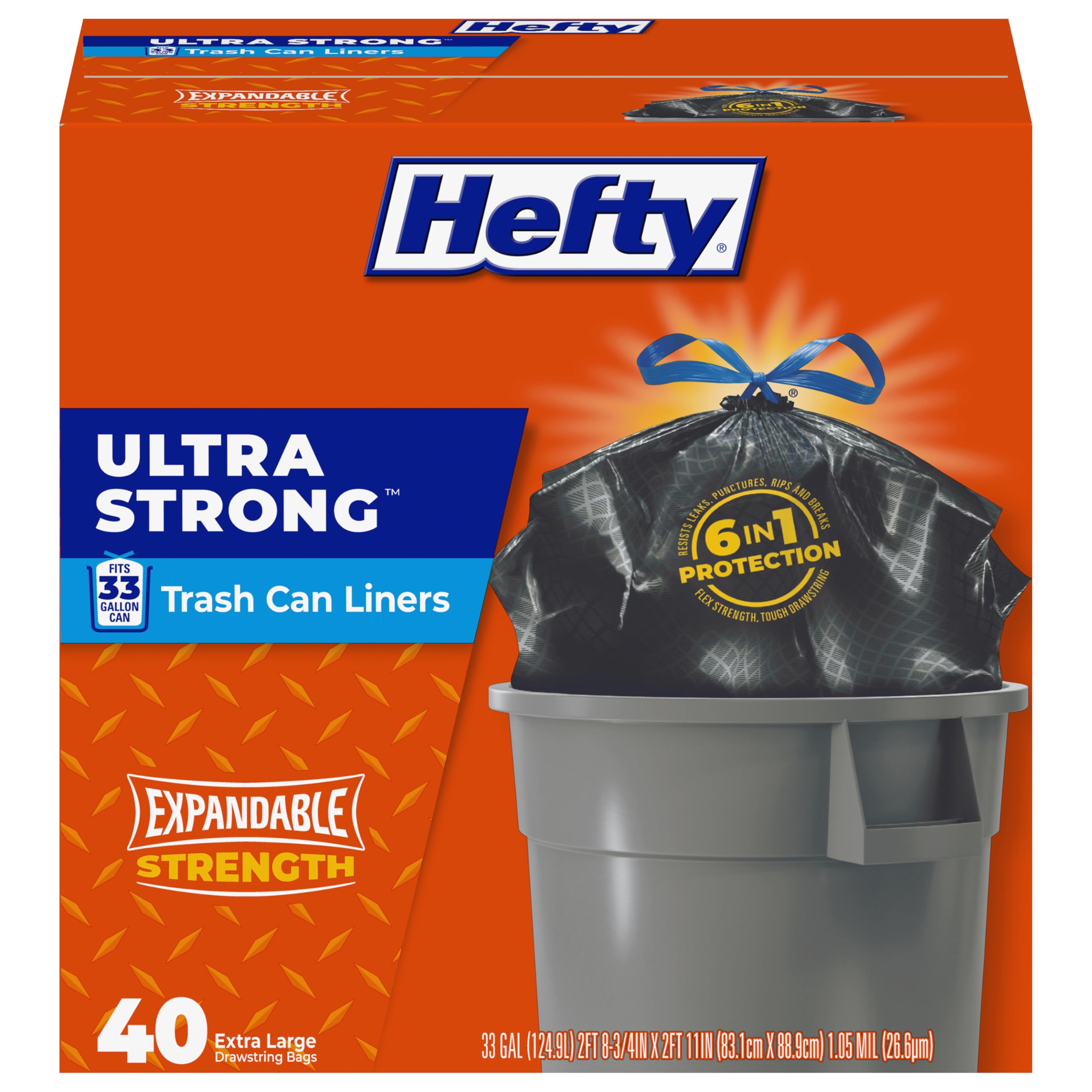 Hefty Ultra Strong 33 Gallon Trash Bags, Black, Unscented, 40ct