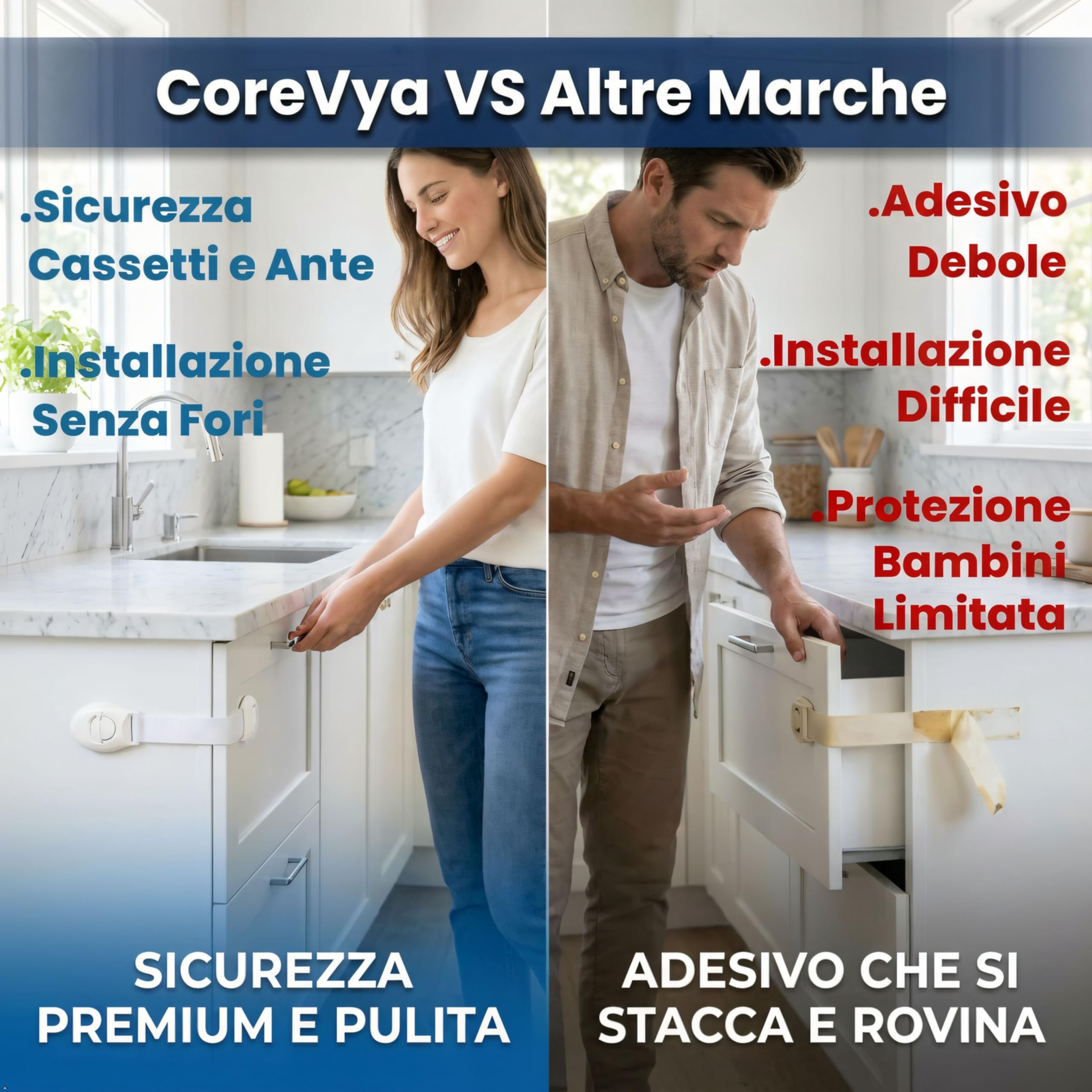 Blocca Cassetti Per Bambini Con Chiusura Di Sicurezza Adesiva, Installazione Senza Fori, Adesivo Ultra Resistente – Sicurezza Per Mobili Cucina Armadi Frigorifero