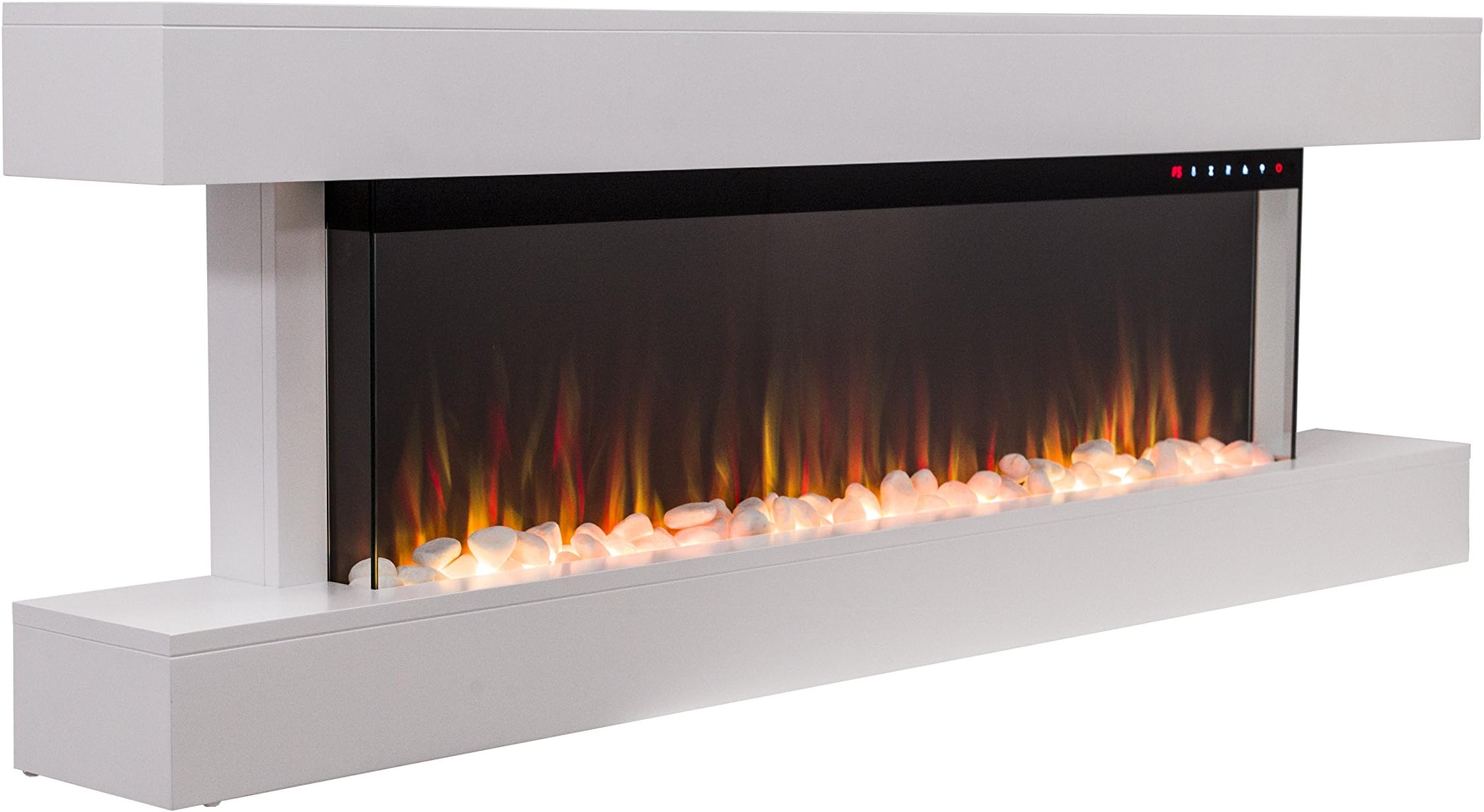 2025 TruFlame PREMIUM PRODUCT 60inch White Wall Mounted Electric Fire Suite with 10 colour Flames and Mantel (Pebbles, Logs and Crystals)