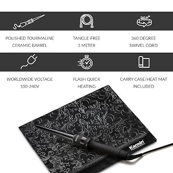 KARMIN G3 Salon Pro Clipless Tourmaline Ceramic Hair Curling Wand Iron Tapered Barrel for 1/2-1-inch Curls, Professional Hot Curler, Beach Waver, Quick Fast Heat, Dual Voltage, Black