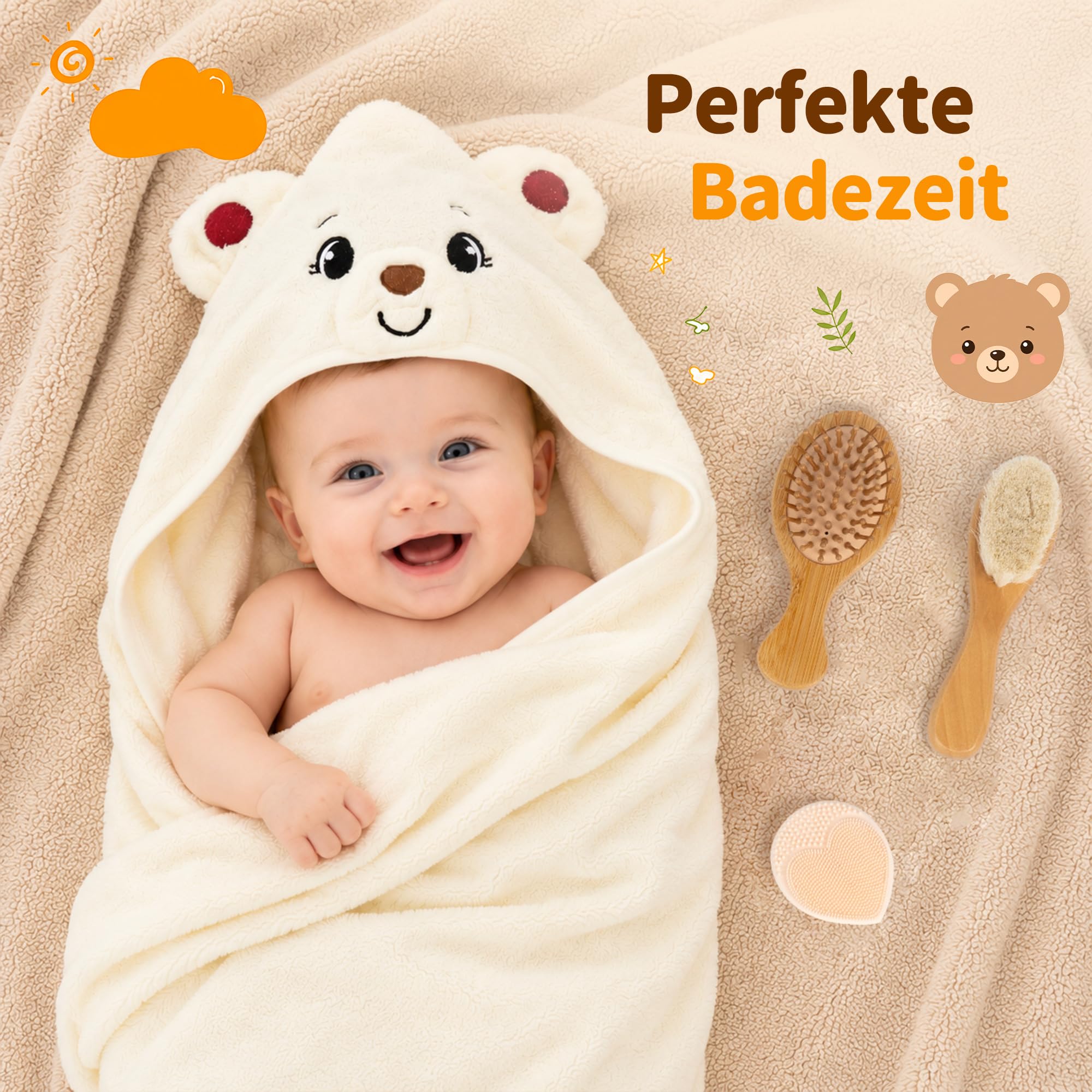 Baby Geschenk Junge, Neugeborenen Set mit Decke, Holzrassel, Haarbürste | Geburtsgeschenk: Neugeborenen Set mit Decke, Handschuhen, Holzrassel, Haarbürste und Polsterbürste.