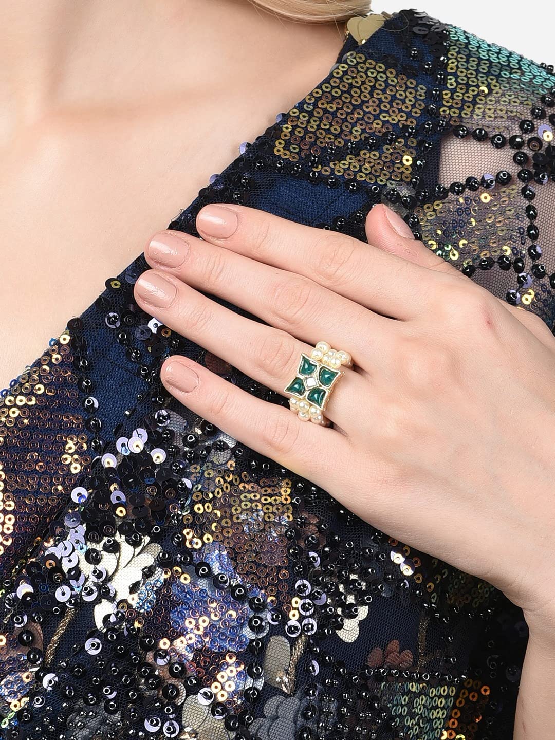 Kundan & Beaded Elasticated Fusion Adjustable Ring for Women, Unique Gift