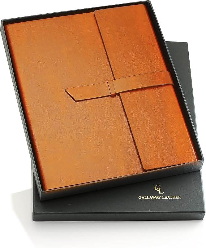 Carpeta tipo portafolios de cuero GALLAWAY – Portafolio delgado organizador para cuadernos de notas tamaño A4, cuadernos para hombres y mujeres, carpeta tipo folio de cuero recargable para negocios, color marrón